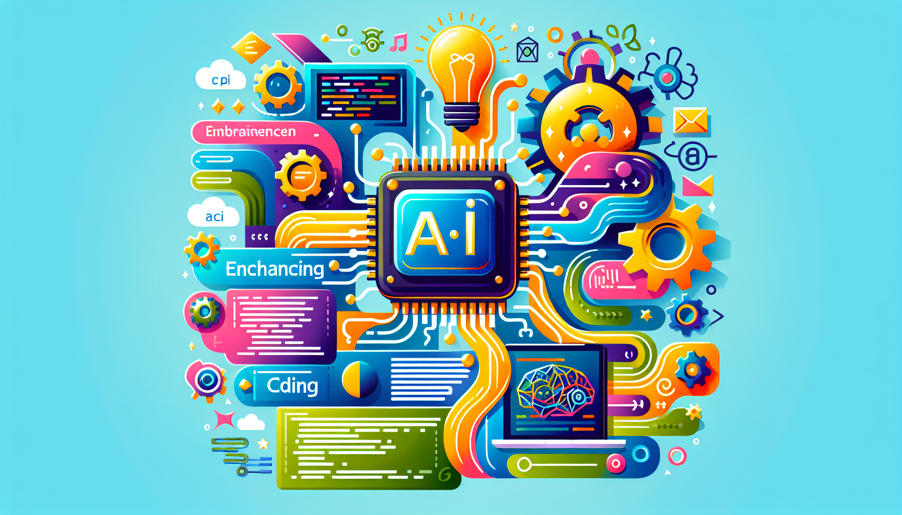 A modern and colorful illustration that depicts various aspects of enhancing a script with artificial intelligence for beginners. Include a CPU symbolizing the processor of AI, widgets that show coding or script, some gears symbolizing the data processing, and creative ways to show the process of improvement, all blended into an engaging design. The design should skilfully use a variety of bright, vibrant colors.