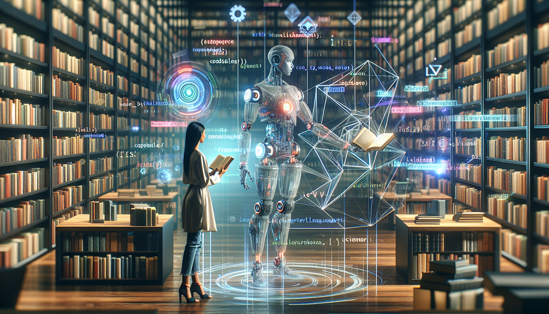An image of a futuristic, spacious library filled with books and digital screens, where a humanoid robot and a human are collaboratively writing a script on a holographic interface, surrounded by floa