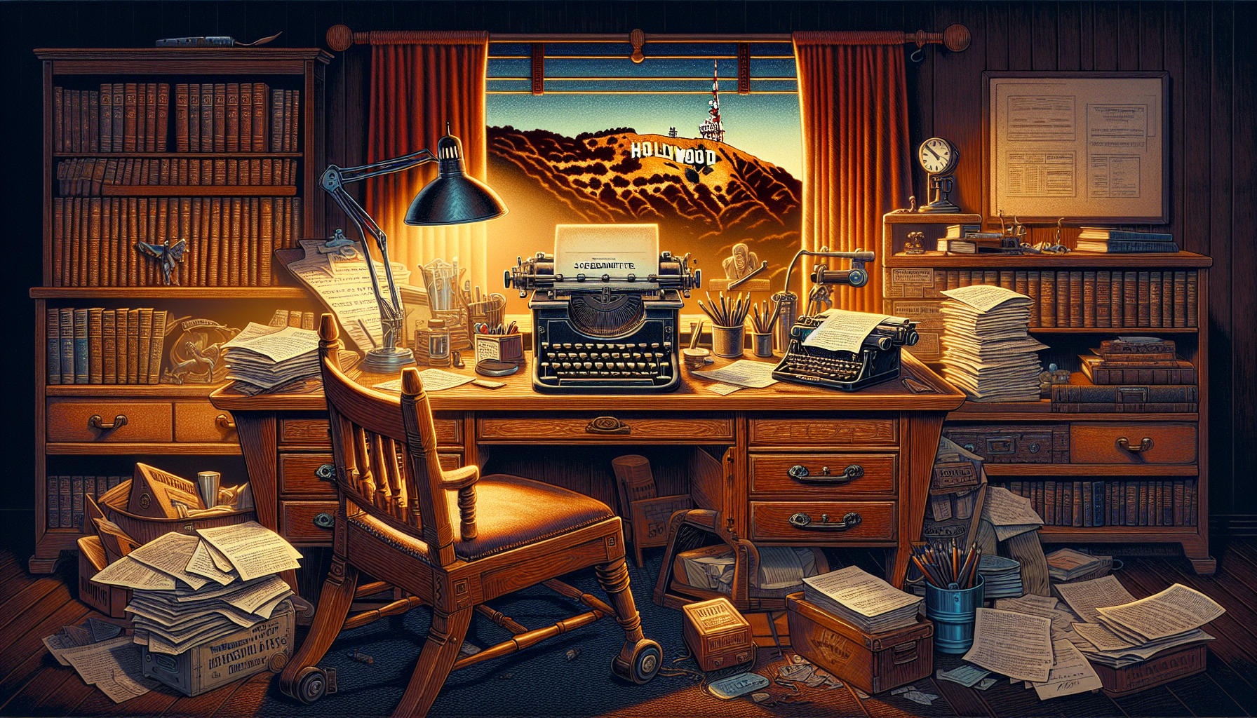 A vintage wooden desk covered with different types of screenwriting contracts, a classic typewriter, a stack of screenplays, and a Hollywood sign model in the background, in a cozy, dimly-lit writer's