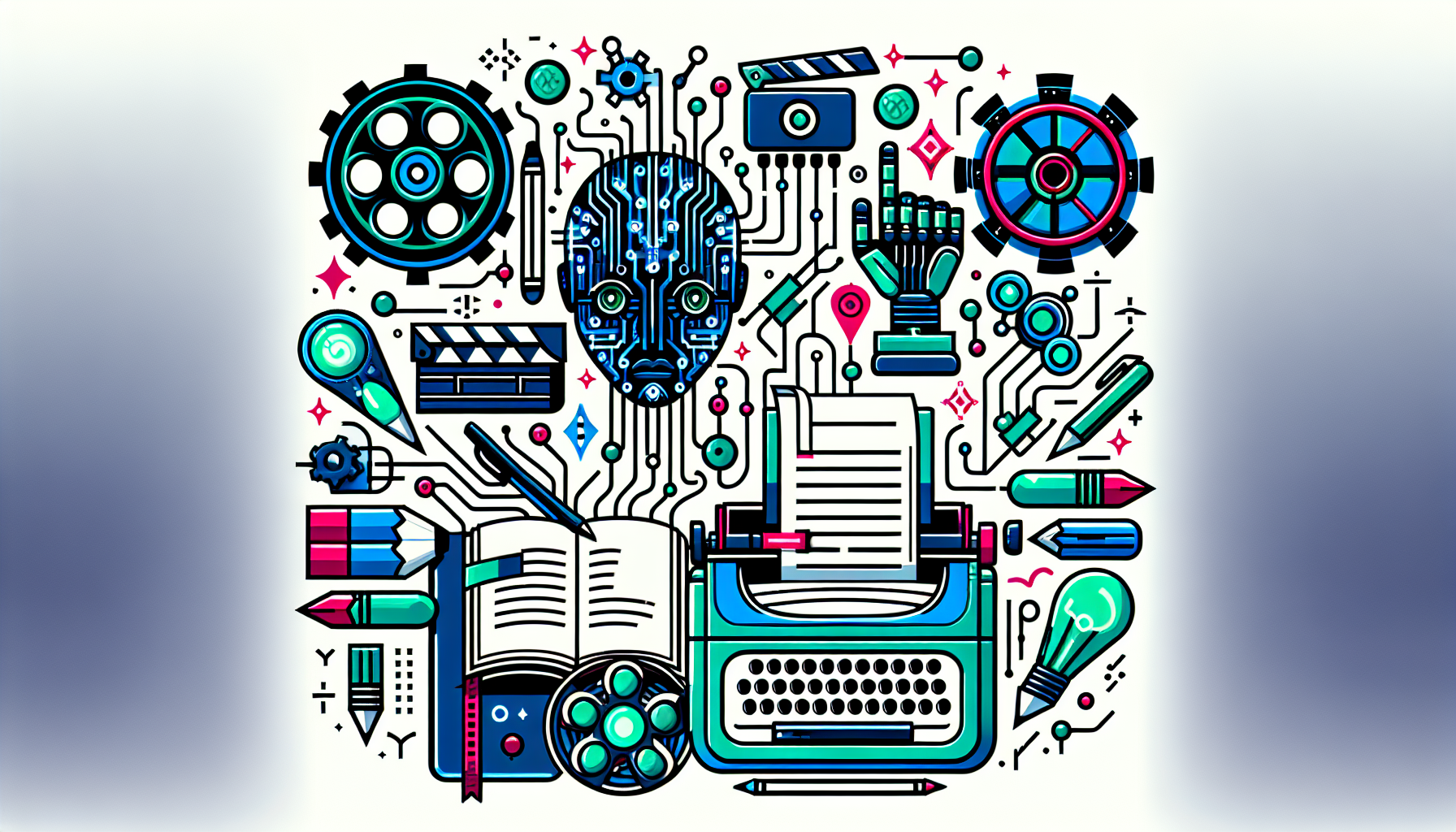 An illustration that represents the concept of 'Exploring AI Screenwriting' with a modern twist. This image should not contain any text or words. Display the elements of scriptwriting such as a notebook, pen, film reel, or typewriter, intertwined with symbols of artificial intelligence like circuit boards, binary codes, or robotic hands. The color scheme should be vibrant and contemporary, suggesting the merging of traditional scriptwriting with the future of AI.