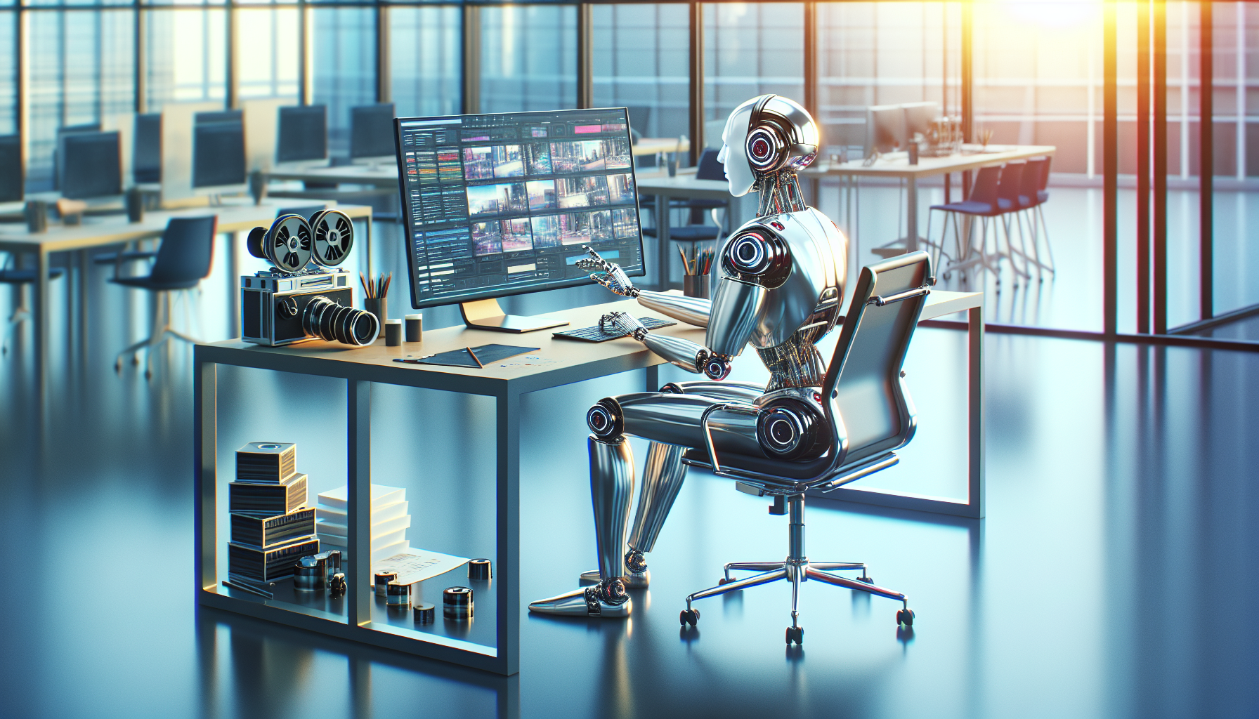 An AI robot sitting at a sleek, modern desk in a bright office, typing on a futuristic computer, with storyboards and film equipment scattered around, creatively crafting a script for a corporate vide