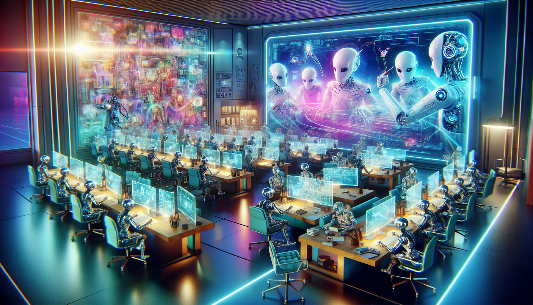 A futuristic writing room filled with AI robots brainstorming and scripting films around a holographic screen displaying intricate storylines and characters.