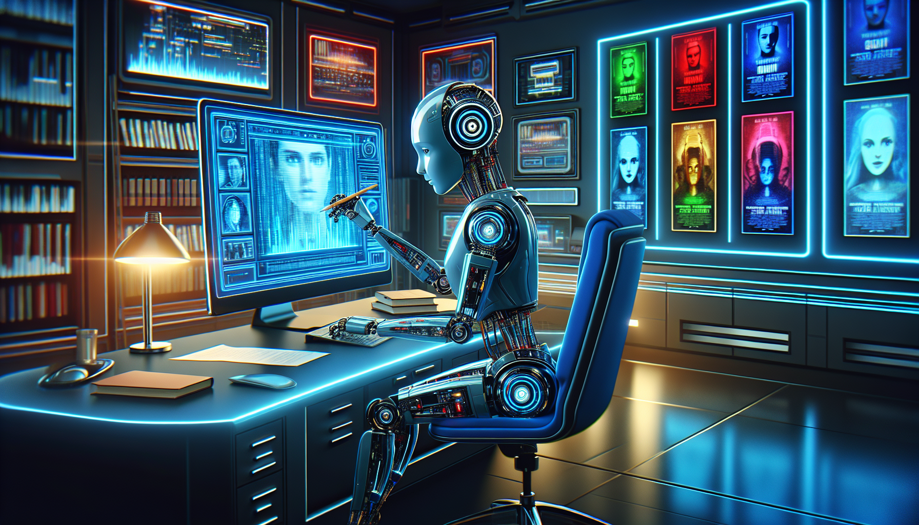 DALL-E, create an image of a futuristic AI robot editing a film screenplay on a holographic computer screen in a dimly lit, high-tech office, with posters of famous short films on the walls.
