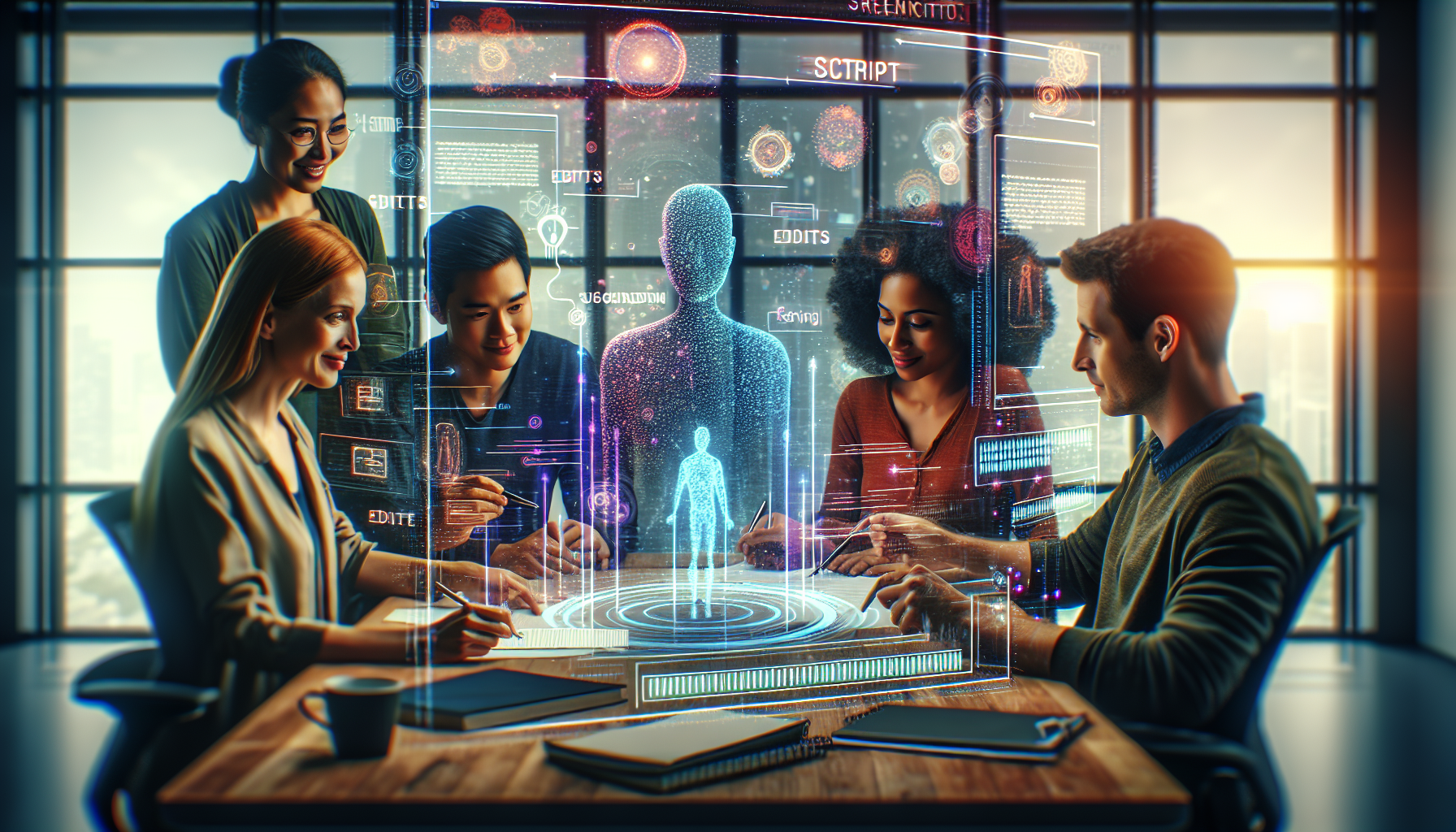 An artistic representation of a diverse group of screenwriters brainstorming around a holographic display of a script, with futuristic AI tools suggesting edits and ideas, in a modern, creative office