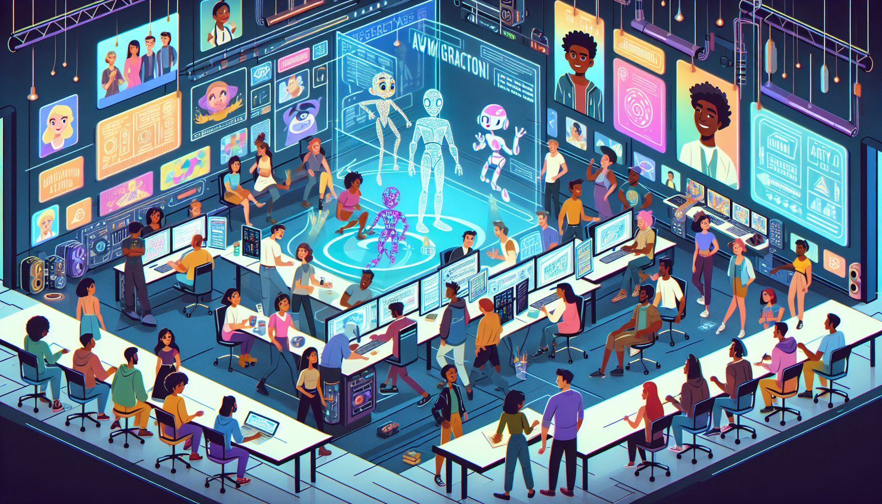 A futuristic animation studio filled with diverse animators and storytellers collaborating around holographic screens displaying AI-generated scripts, with whimsical cartoon characters interacting wit