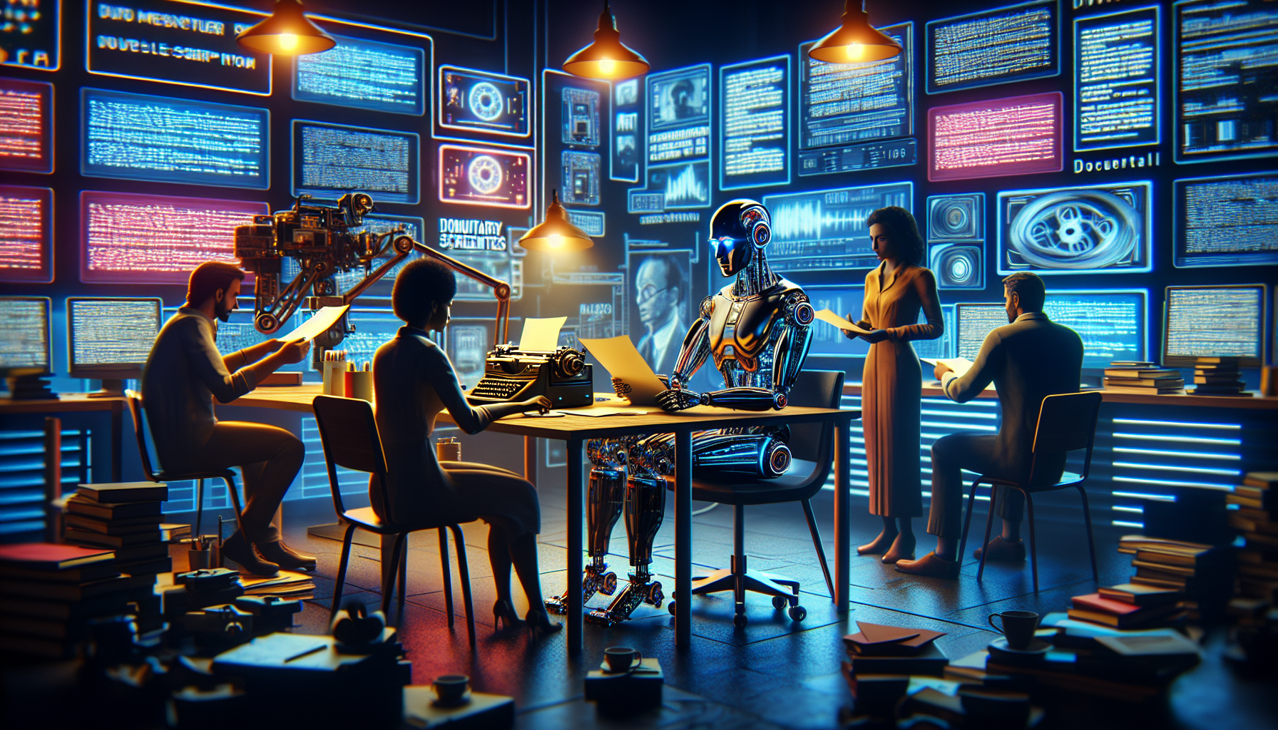 A dimly lit writer's room with a futuristic AI robot sitting at a desk, surrounded by screens displaying documentary scripts and film clips. The robot is intently analyzing data while a diverse group