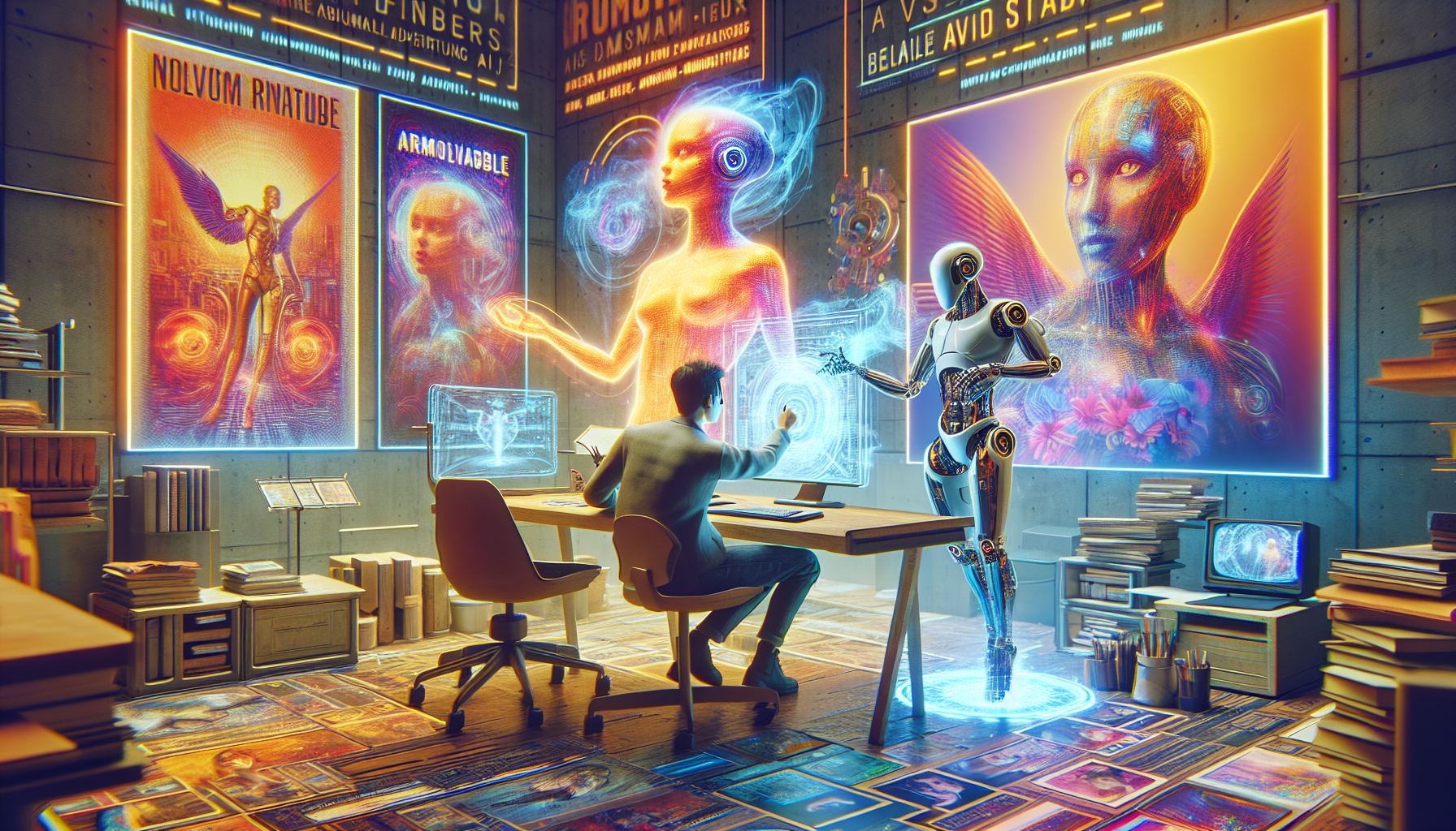 An artist's studio filled with futuristic technology, where a humanoid robot and a human are collaboratively writing a script on a holographic computer screen, surrounded by posters of famous AI-power