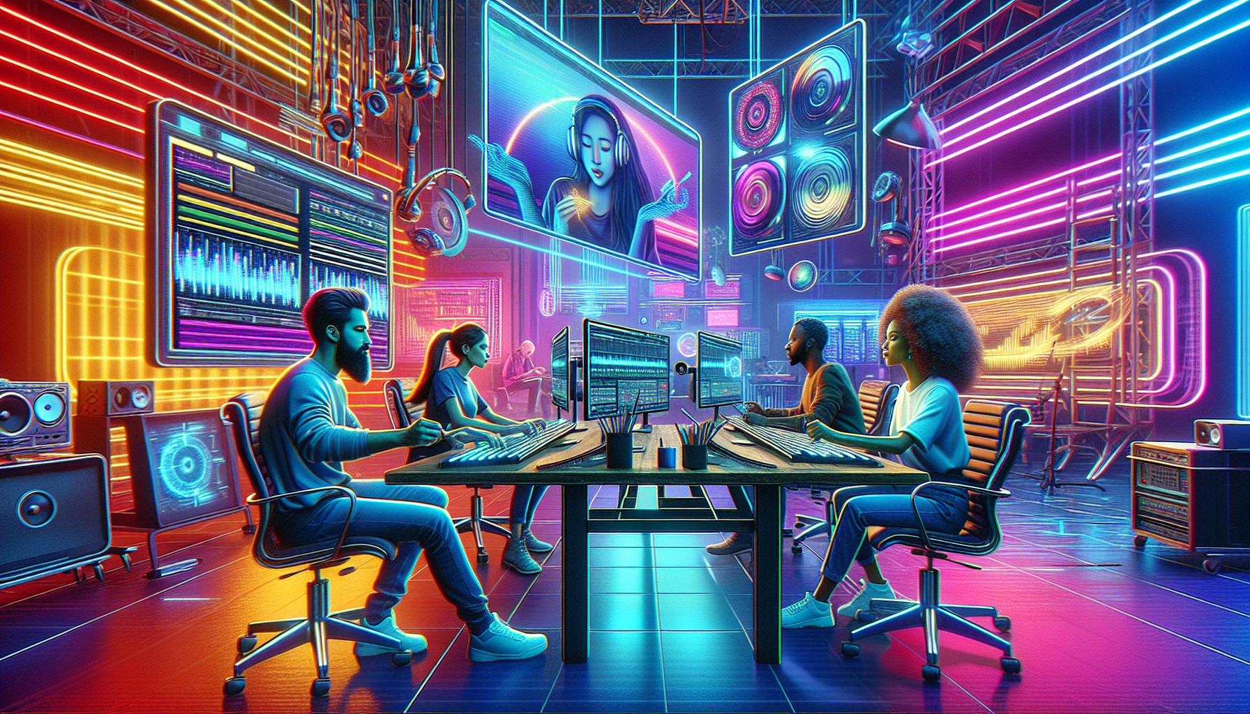 A futuristic music video set design, showcasing a diverse group of screenwriters using advanced AI technology on large holographic screens, brainstorming and generating dynamic storyboards, in a neon-