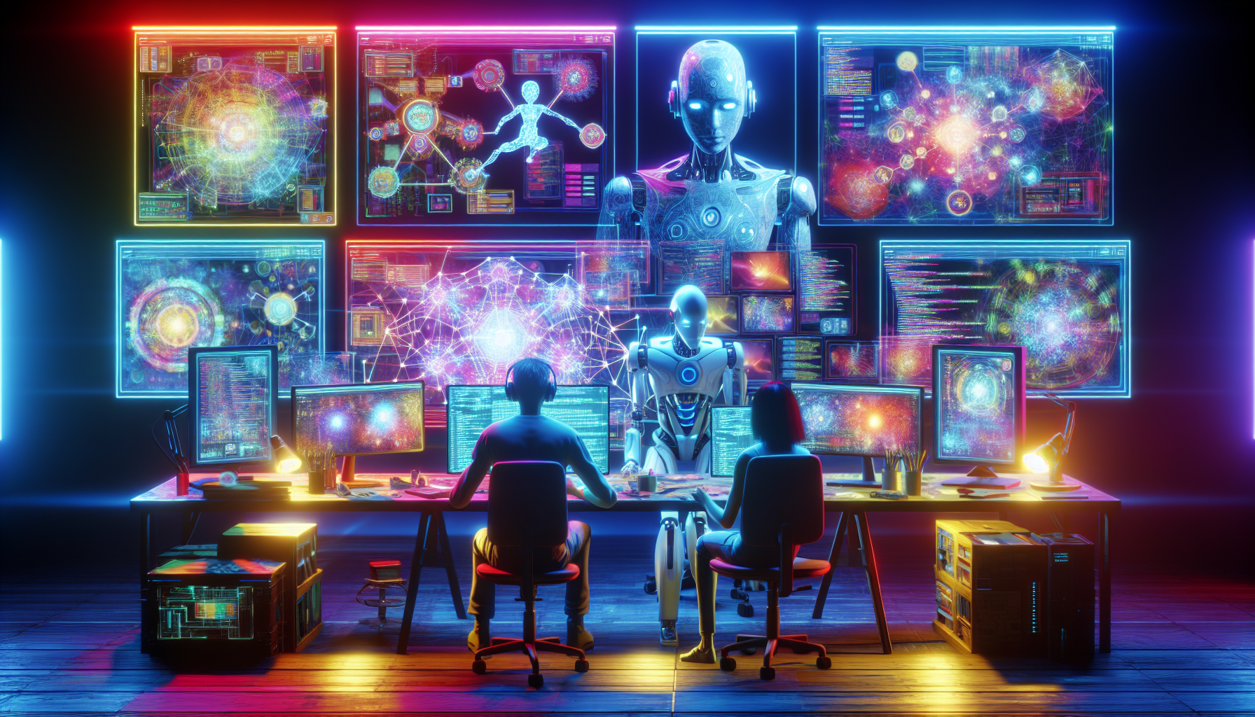 An artistically rendered futuristic workspace where a humanoid robot and a human are collaboratively working on a holographic screen, visualizing complex script flowcharts and character interactions f