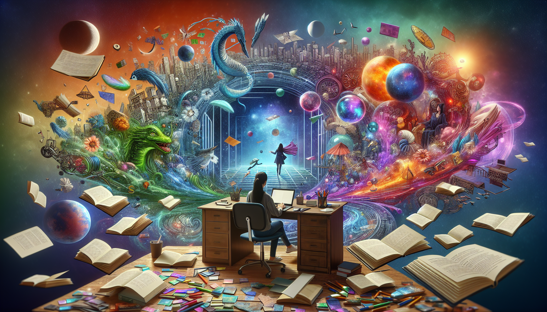 An artistically vibrant and dreamlike workspace filled with floating books, screenplay drafts, and glowing screens, depicting a young female screenwriter, Eris Qian, surrounded by portals showing vari