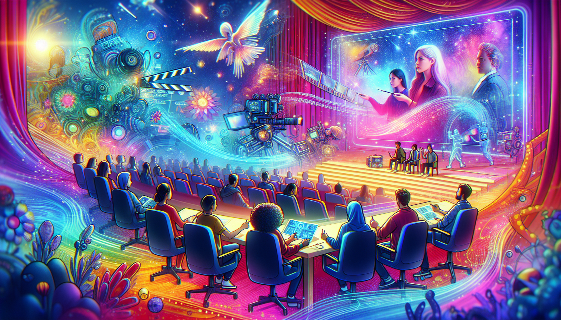 An artist's vibrant and imaginative interpretation of a future cinema set, depicting screenwriters discussing a holographic storyboard of a romantic film, with diverse futuristic technology and multi-