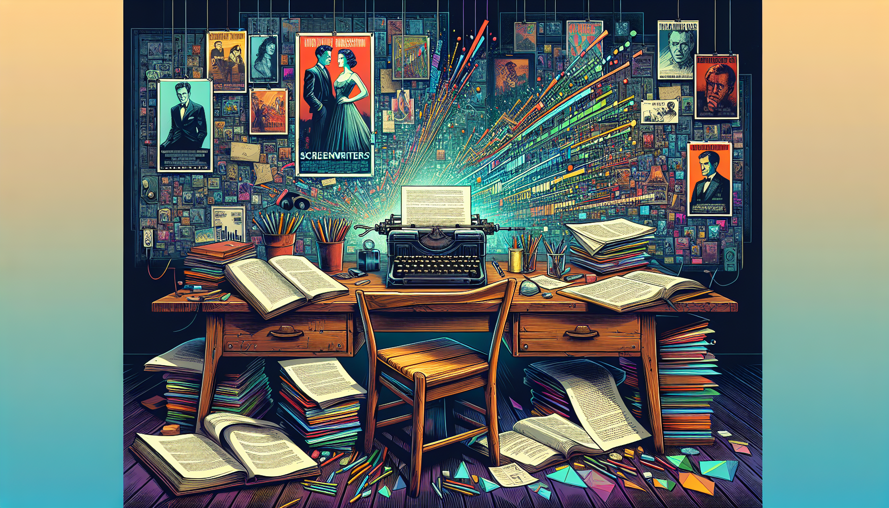 An artist's studio with scattered scripts on a wooden desk, a vintage typewriter, and a wall filled with movie posters, with a digital screen displaying a graph of average salary trends for screenwrit