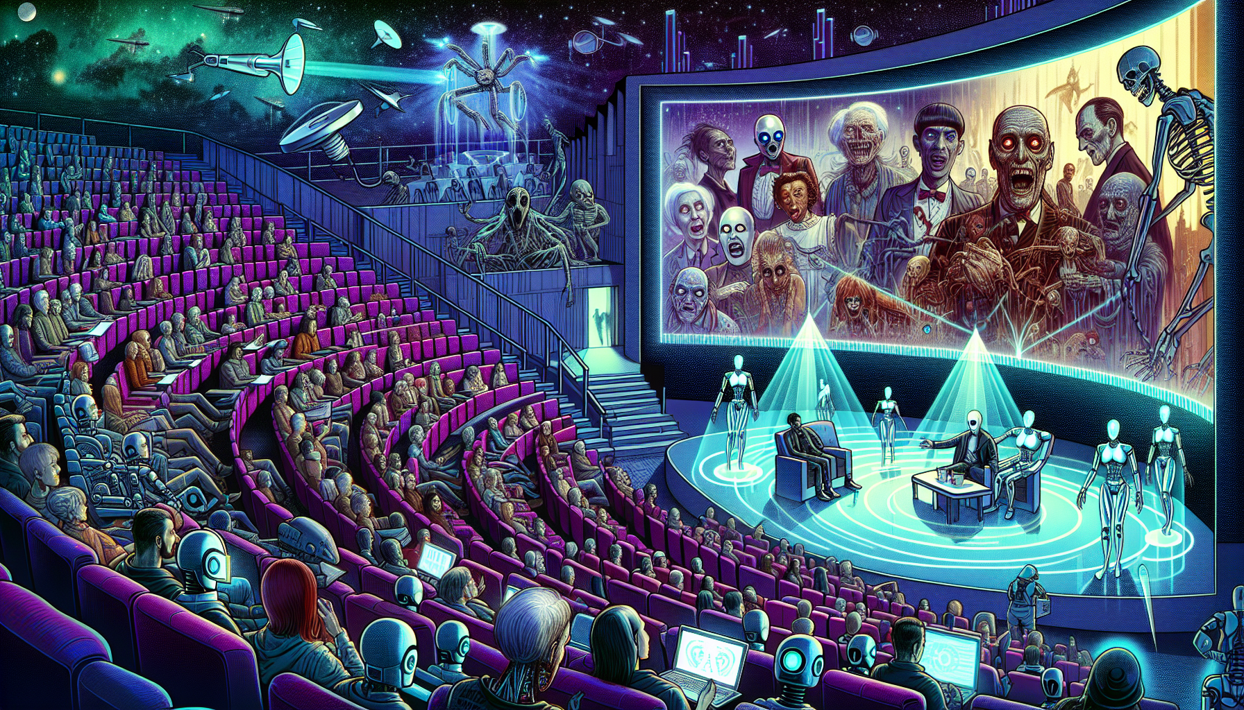 An eerie cinema auditorium with futuristic design elements, screens displaying classic horror scenes morphing into advanced 3D holographic displays. Diverse audience members, including robotic and hum