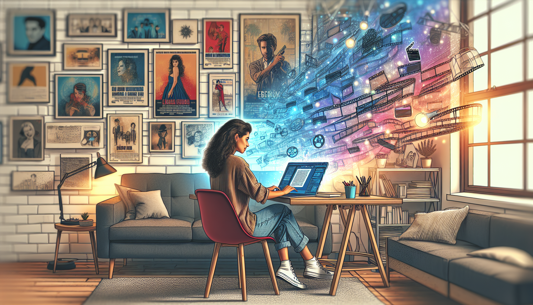 An artist sitting in a cozy, modern home office, surrounded by movie posters, using Movie Magic Screenwriter software on a laptop, with elements of the software interface floating in a holographic dis