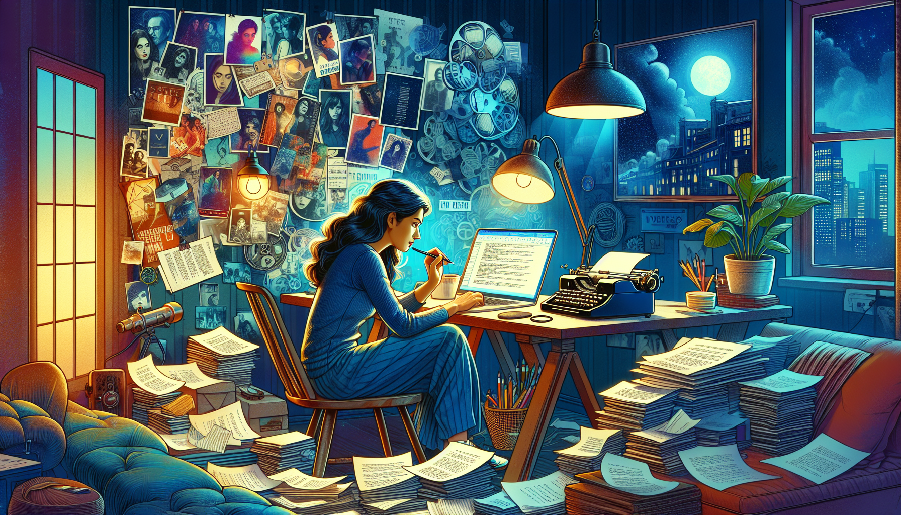An imaginative workspace loaded with film scripts, a vintage typewriter, scattered draft papers and a mood board, with a focused individual brainstorming and writing, surrounded by film posters and a