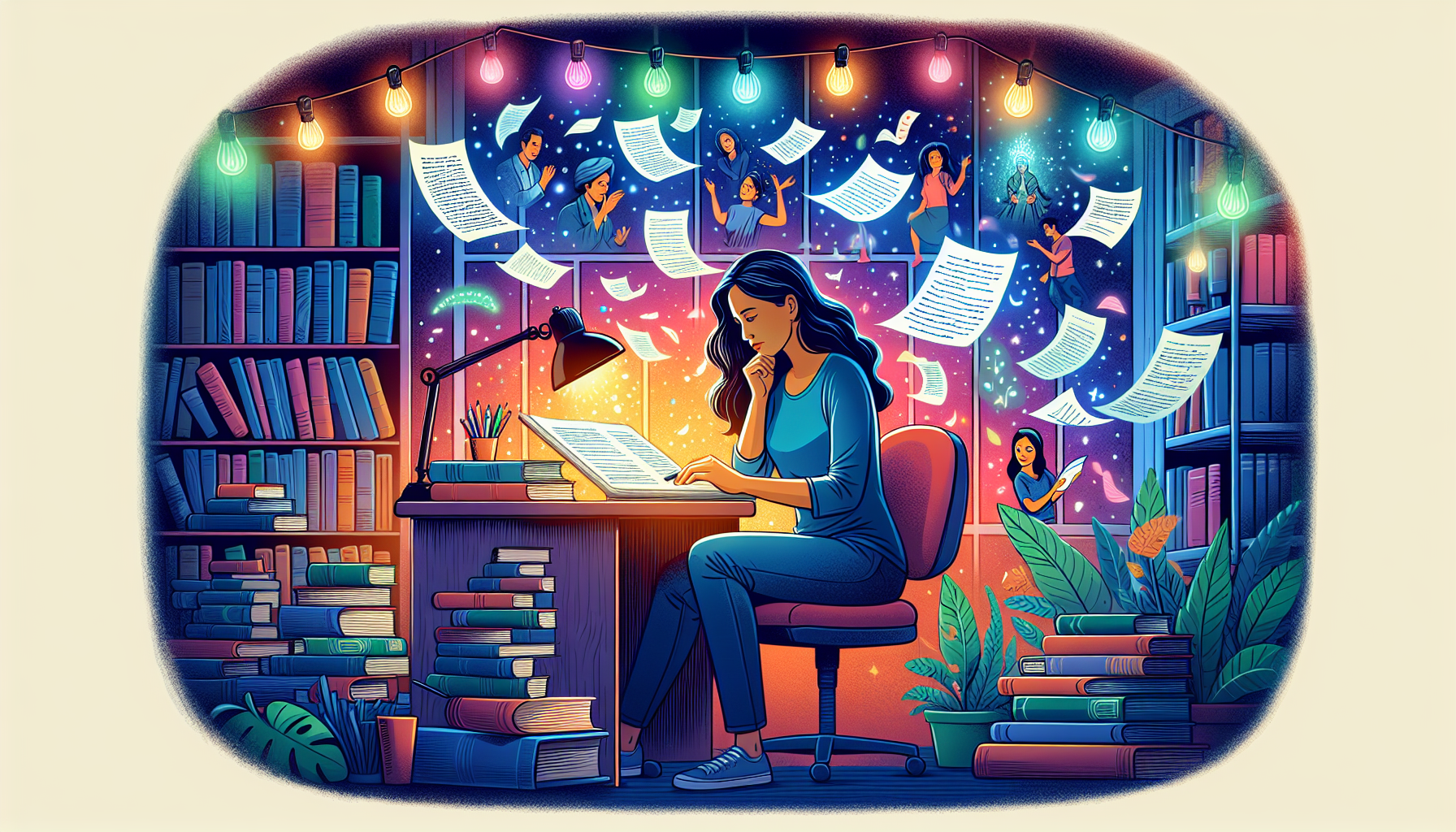 An imaginative depiction of a screenwriter lost in thought, surrounded by floating screenplay pages beneath the soft glow of a desk lamp, in a cozy, book-lined study, as characters from various storie