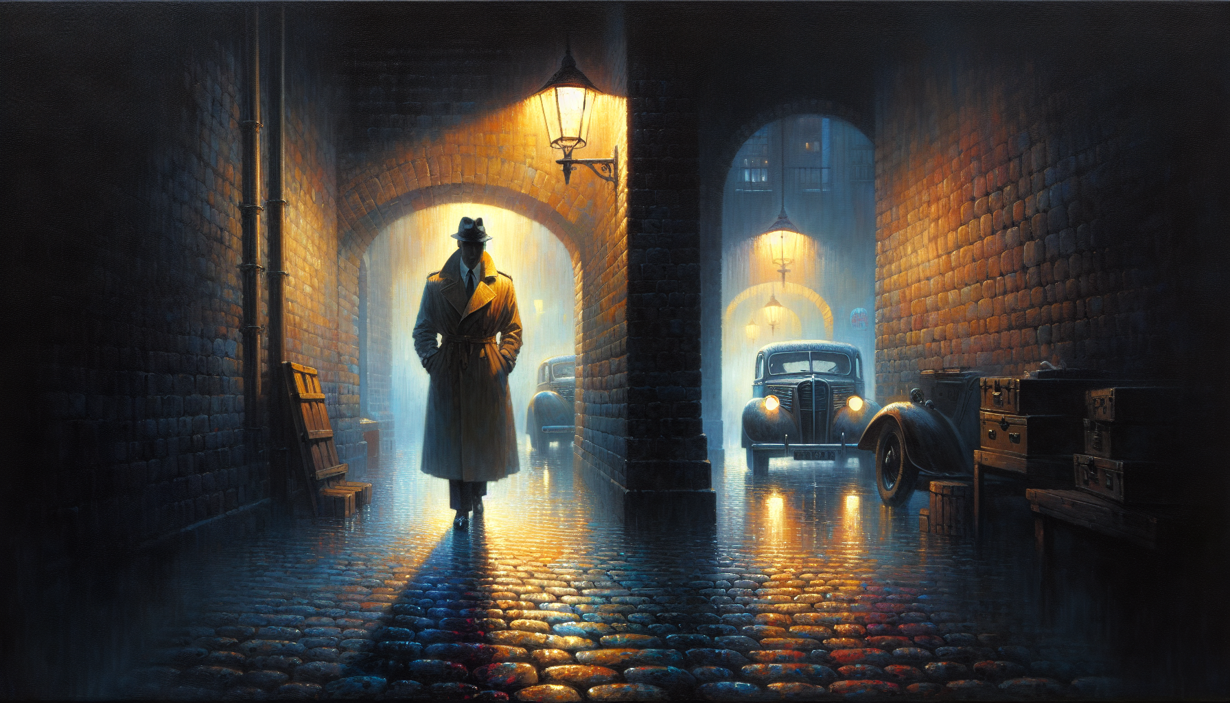 A dimly lit alleyway at midnight, shrouded in fog with rain-slicked cobblestones reflecting the faint glow of a streetlamp, featuring a mysterious figure in a classic trench coat and fedora, casting a
