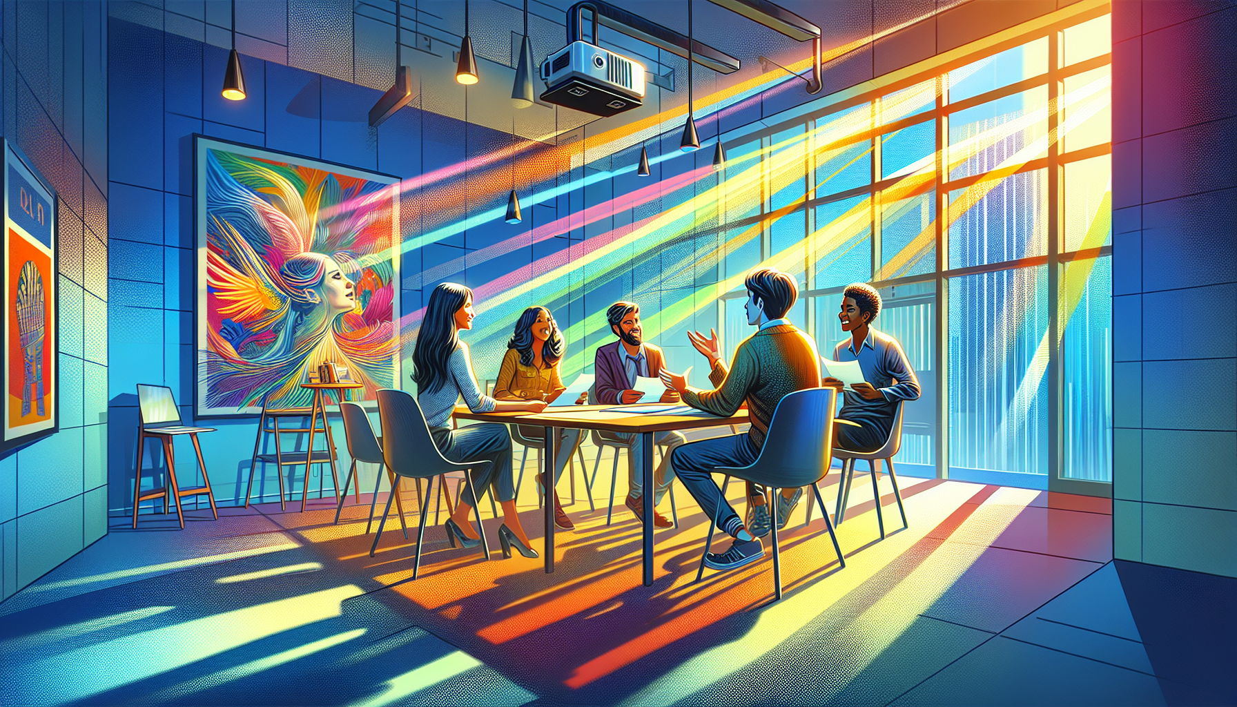 An artistic representation of a diverse group of people sitting in a modern, sunlit classroom with large windows, holding scripts and engaged in a lively discussion, with movie posters on the walls an
