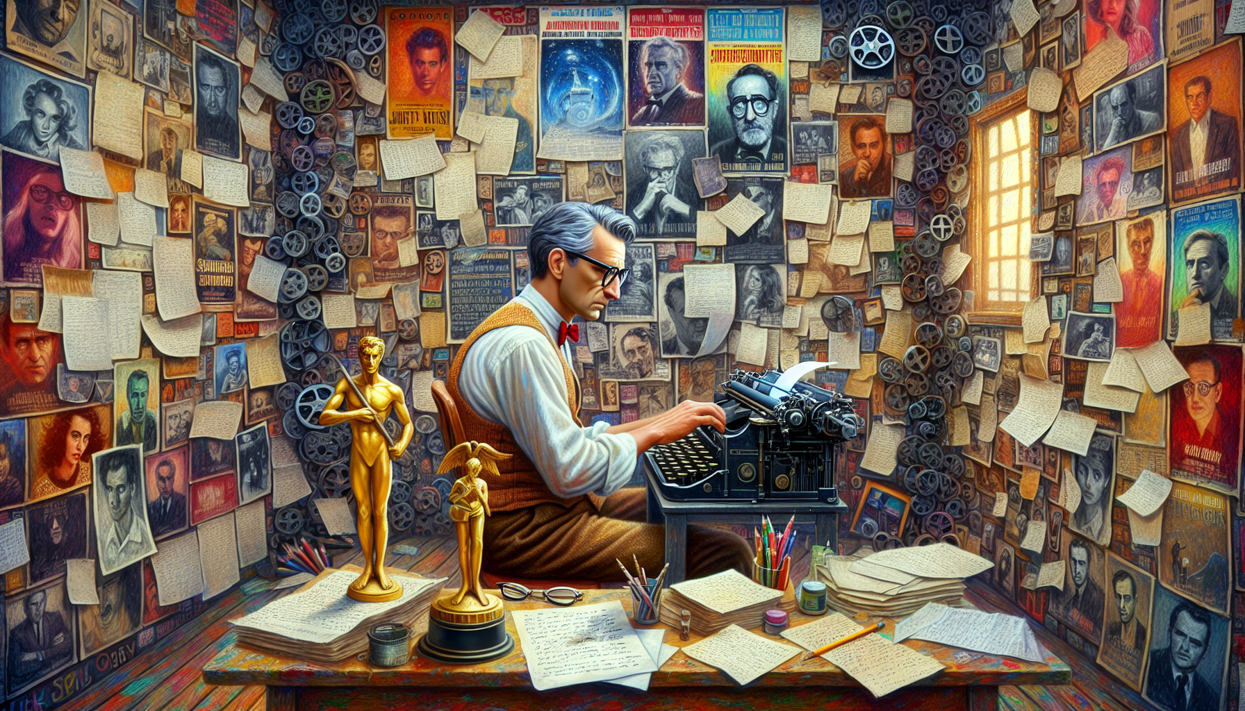 An imaginative writer's room with walls covered in film posters and screenplay drafts, featuring a middle-aged man resembling Peter Morgan thoughtfully typing on an old typewriter amidst scattered not