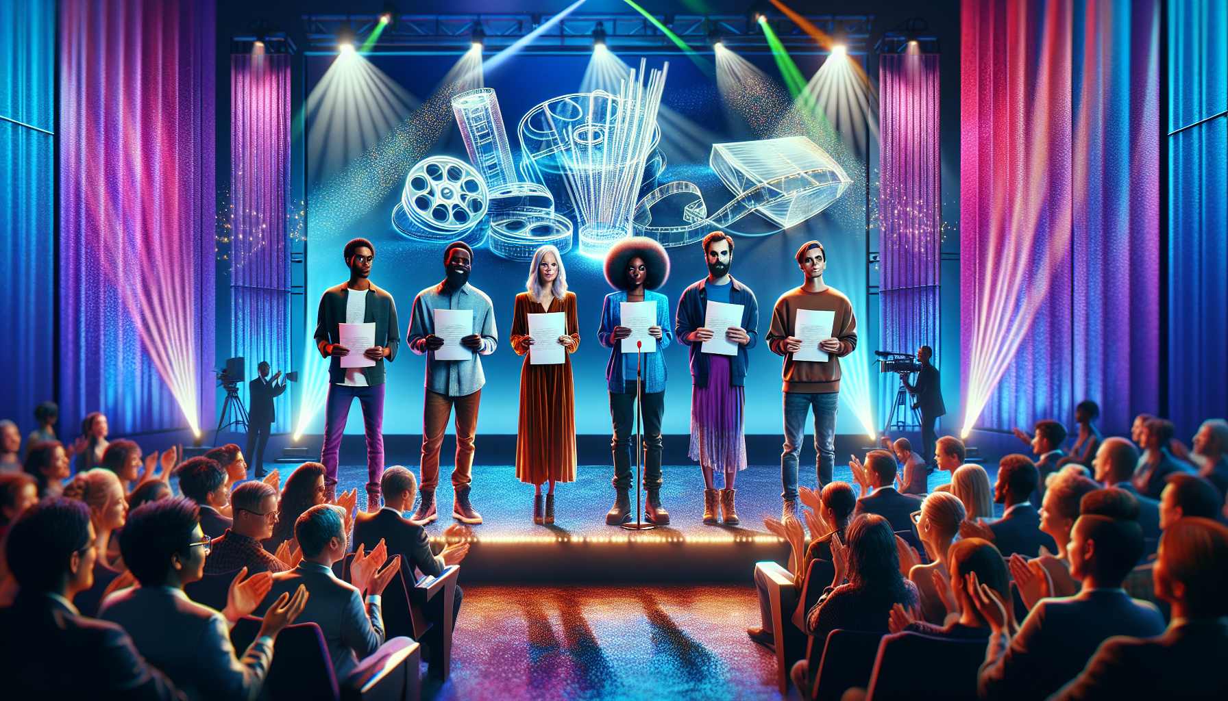 A vibrant and artistic award ceremony scene with five diverse screenwriters, each holding a unique, creatively-designed script, standing on a modern, elegantly-lit stage with a large digital screen in