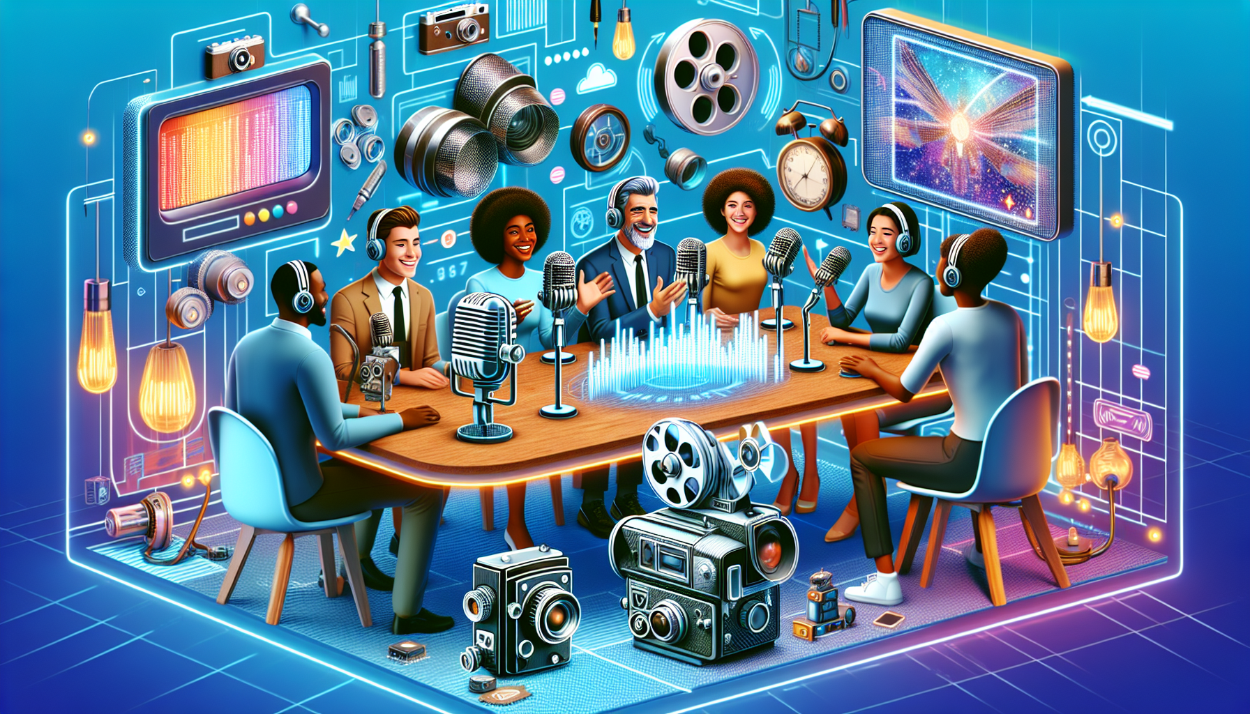 An imaginative podcast studio filled with futuristic gadgets and vintage film cameras, vividly depicting a diverse group of podcast hosts excitedly discussing film topics around a high-tech, holograph