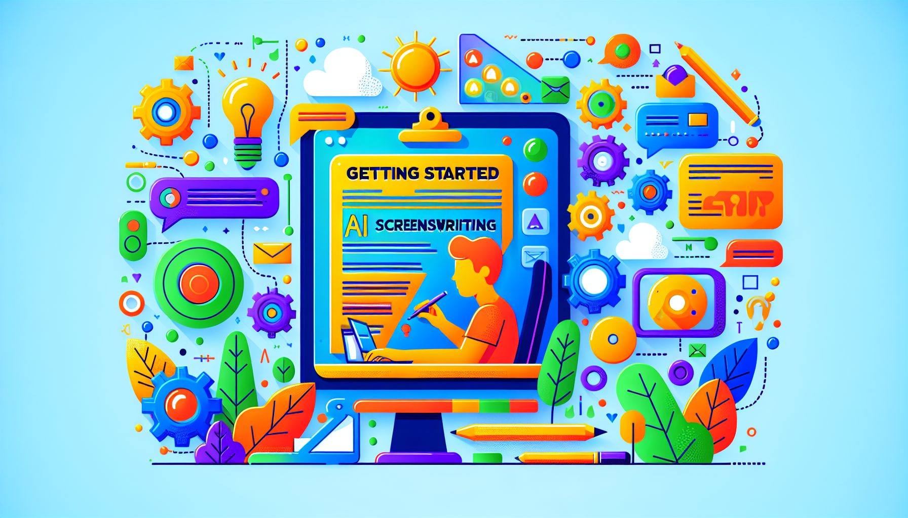 Create a colorful and modern illustration that represents the concept of 'Getting Started with AI Screenwriting.' This should be an infographic-style illustration without any words or text, designed to intuitively convey the process of starting to use AI for screenwriting in a simple and accessible way. The image should be bright, vibrant and engaging, reflecting a modern approach to technology and screenwriting.