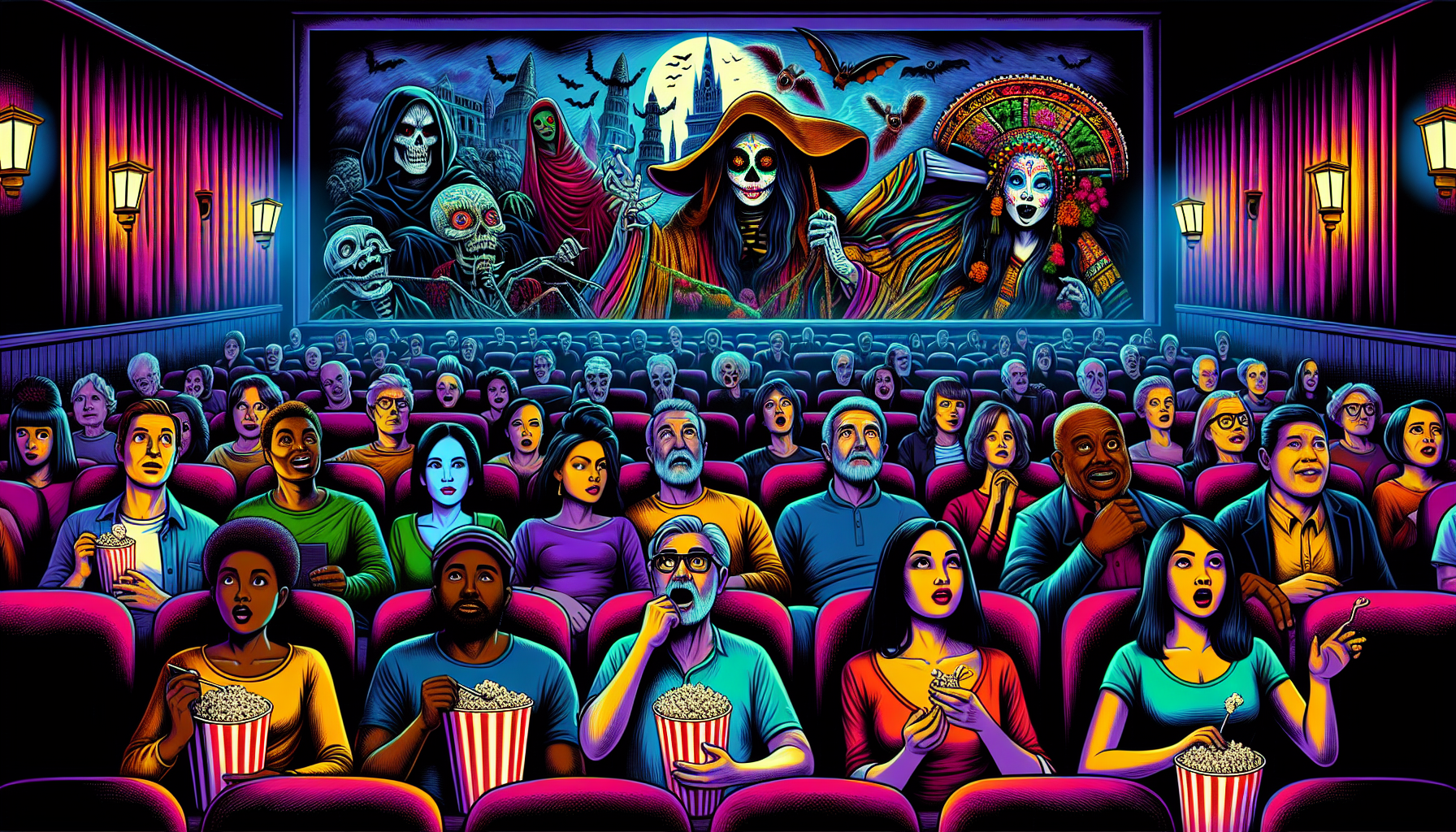 An artistic depiction of a diverse group of people from different cultural backgrounds sitting in a cozy, dimly-lit movie theater, each reacting differently to a horror scene on the big screen, which