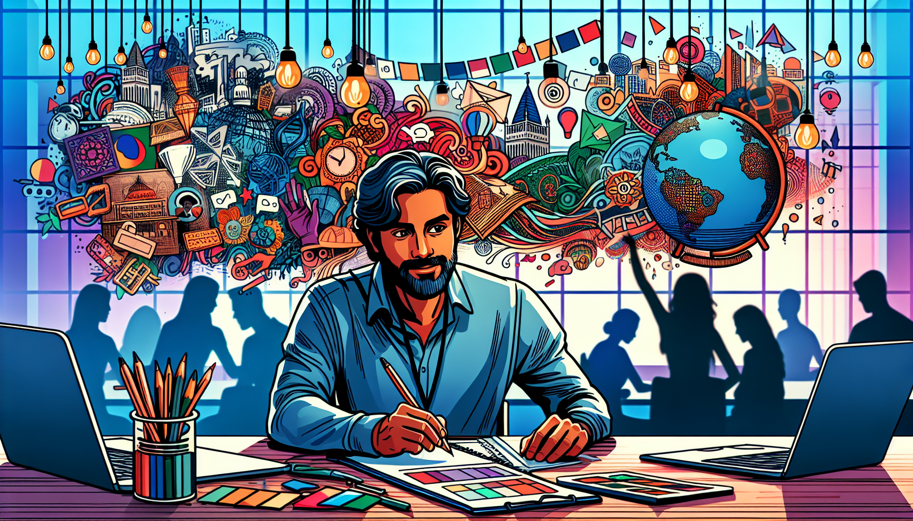 Create a vivid illustration representing the concept of Global Screenwriting. Show an artist at his desk adapting a storyboard that seems to be for an animated film, with different elements suggesting an international perspective. For instance, use symbols or iconic landmarks from different geographies subtly appearing in his ideas. The artist is Middle-Eastern male. The style should be colorful and contemporary, but no text should be included in the image. Across the room, a South Asian female colleague is seen brainstorming ideas with a color palette in her hand.