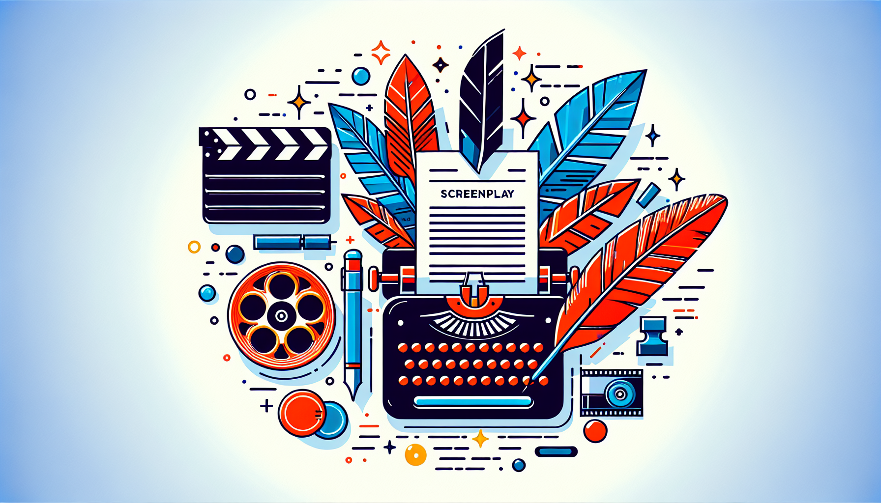 An image representing a guide to writing your first screenplay, illustrated without any text. The image should be vibrant and modern. It could include elements like a draft screenplay, a feather quill, a typewriter and a film reel, all arranged in a creative and engaging manner.