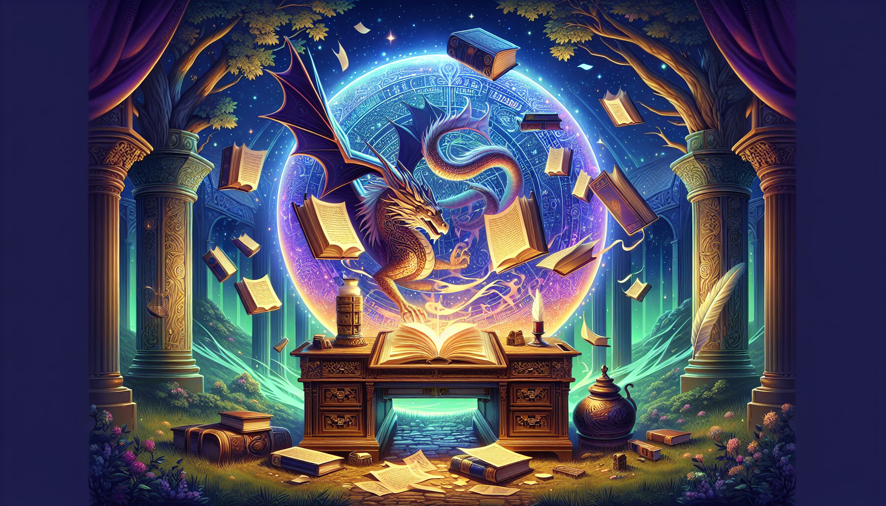 A mystical library with floating books and scrolls, an ancient oak desk with a glowing quill and inkpot, and a dragon curled around a giant crystal ball illuminating a detailed script, all set in an e