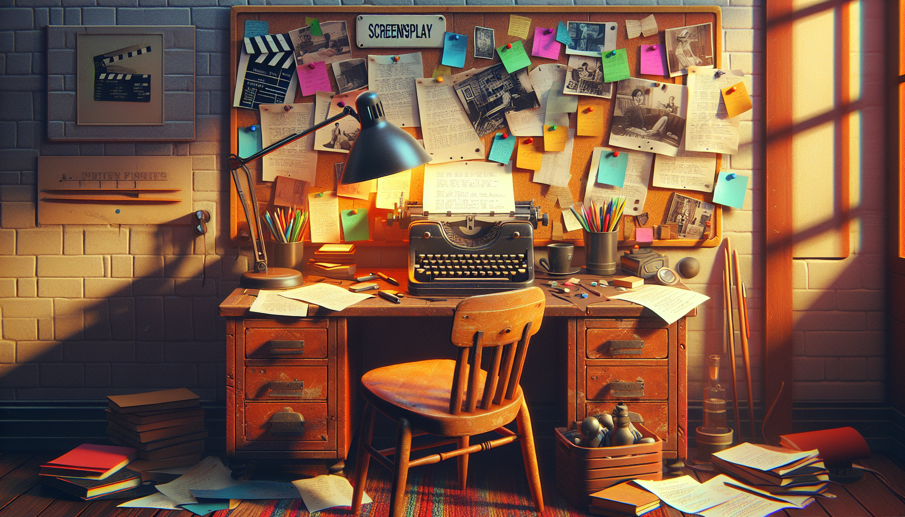 A vintage typewriter on a wooden desk, surrounded by scattered screenplay pages, a glowing desk lamp, and a corkboard filled with colorful notes and pictures, in a cozy, dimly-lit writer's room.