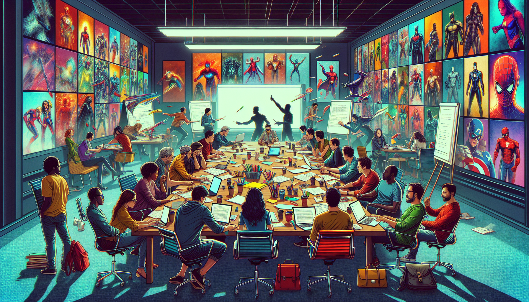 A bustling writer's room filled with diverse screenwriters intensely discussing and brainstorming around a large table strewn with laptops, screenplay drafts, and superhero action figures, with concep