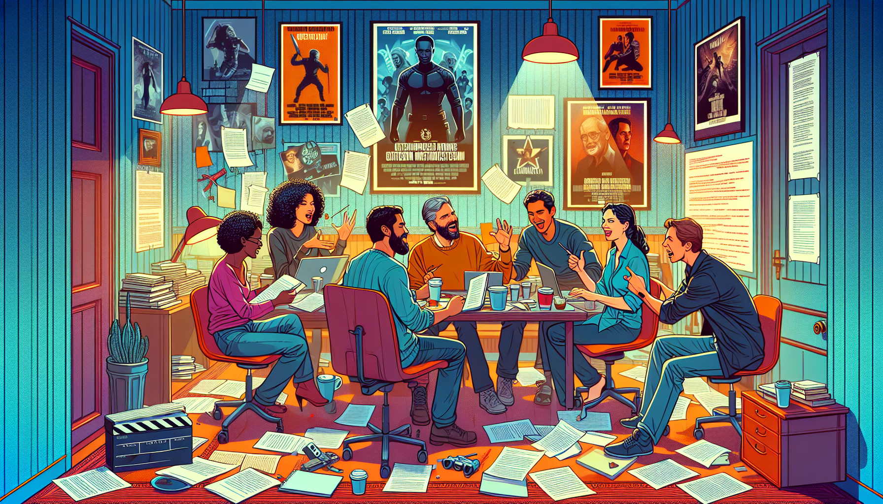 An intense brainstorming session in a cozy, dimly-lit writer's room, with a diverse group of screenwriters passionately discussing ideas around a cluttered table filled with scripts, laptops, and coff