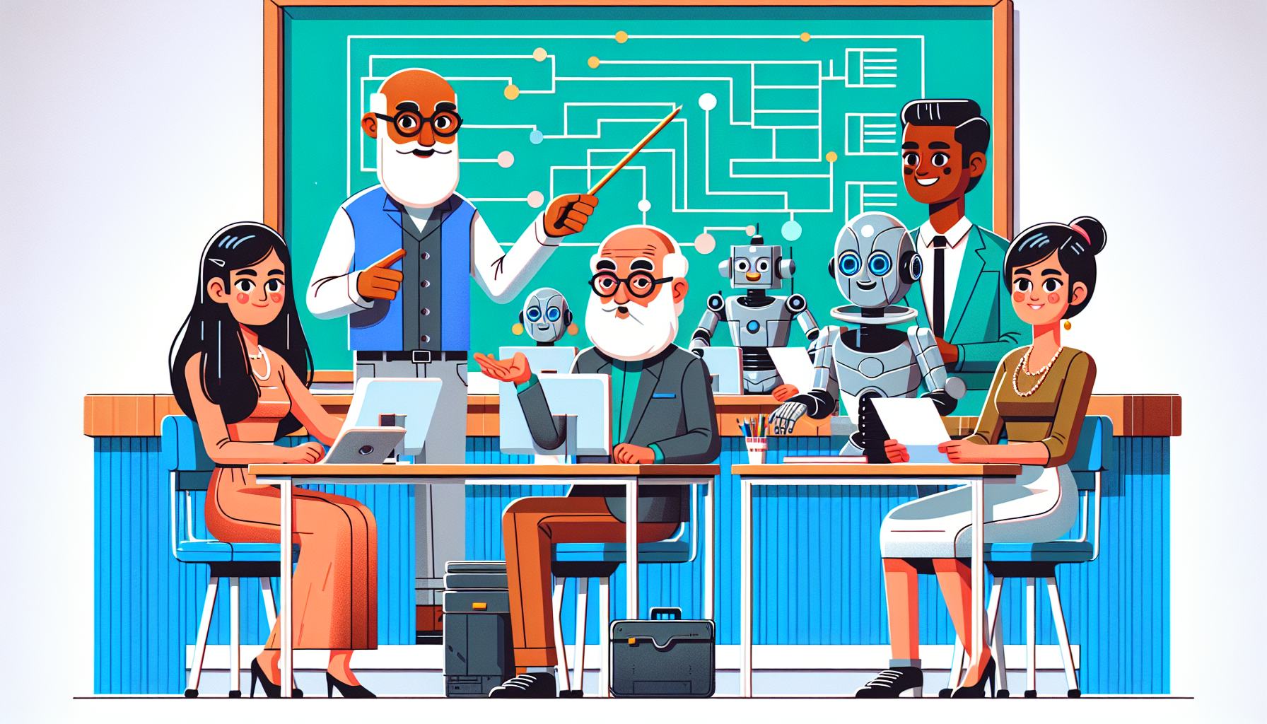 An artistically drawn classroom setting with a diverse group of animated characters, including a young woman with a clipboard, an elderly man with glasses, and a robot, all sitting at desks with penci