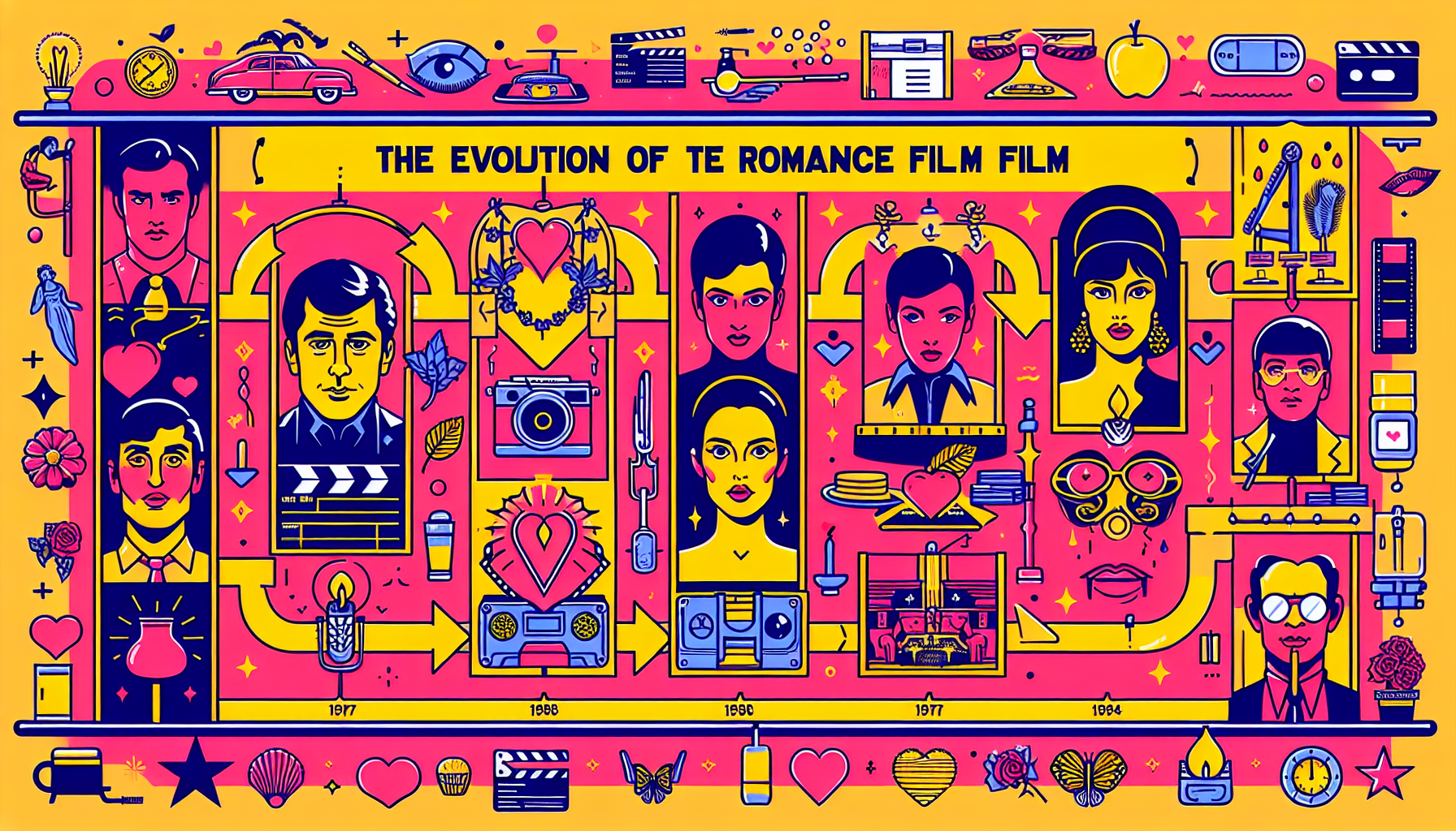 Create a visually engaging representation of the evolution of the romance film genre. The image should depict iconic elements, symbols, and motifs commonly found in romance films, arranged in a timeline format. It should start from the classic approach, subtly hinting at elements inspired by Ephron-like directing, and evolve towards more contemporary methods with nods to styles reminiscent of Linklater. The overall design should be vibrant and modern, with no text or written content involved.