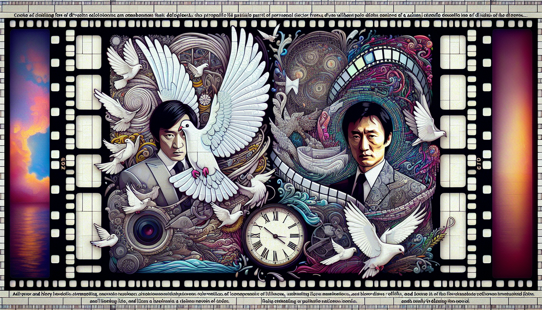 An artistic mosaic featuring portraits of directors John Woo and Christopher Nolan, surrounded by iconic elements from their films, such as doves and slow-motion action sequences for Woo, and intricat