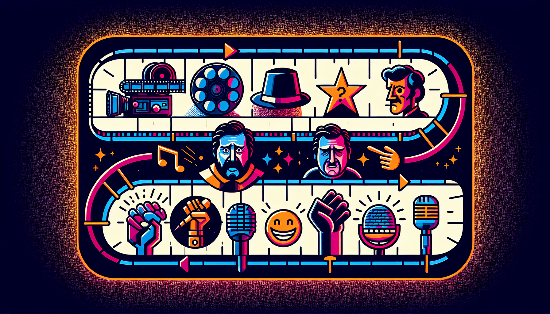 A visual timeline of comedy, with icons representing various eras. At one end, we see an icon symbolizing classic comedy with a film roll and a hat, a nod to the era of Mel Brooks. Transitioning along the timeline, we reach an icon symbolizing modern comedy with a microphone and a smiley emoji, representing the era of Judd Apatow equivalents. The design is vibrant, full of color and possesses a contemporary style.