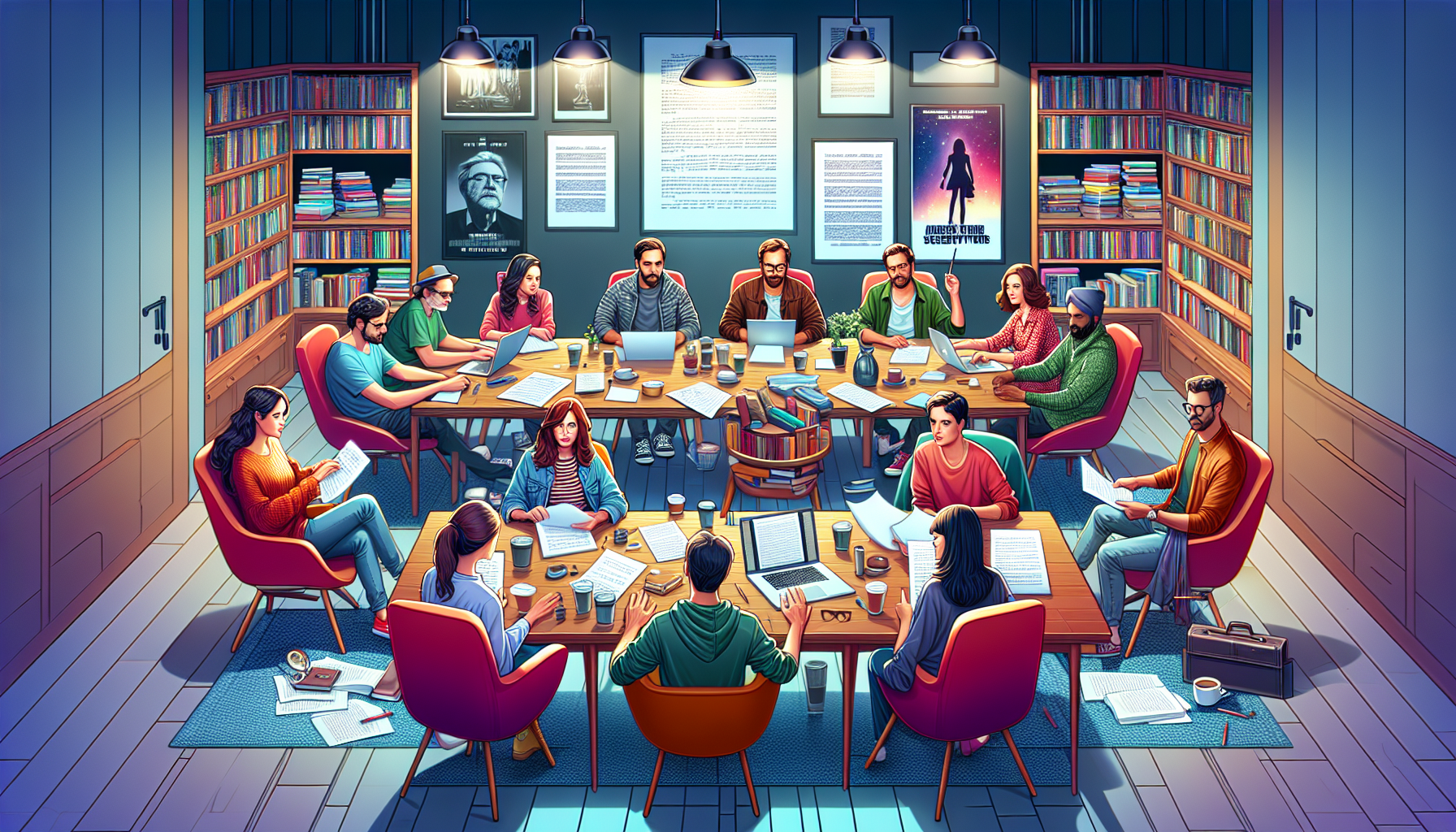 A digital painting of a diverse group of screenwriters collaboratively brainstorming around a large, cluttered table filled with scripts, laptops, and coffee cups, in a cozy room lined with bookshelve
