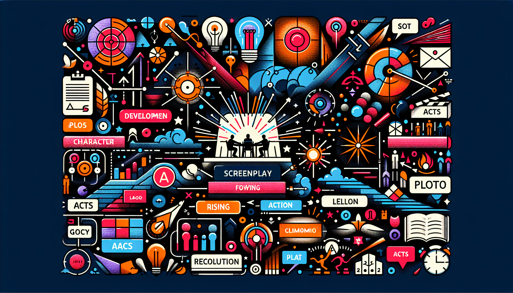 Illustration that visually interprets the key elements of a screenplay. Capture the idea in a modern and colorful style, reflecting components such as character development, plot structure, and dialogue without using any textual elements. Include symbolizations for acts, rising action, climax, falling action, and resolution, all portrayed in a visually innovative and engaging manner.