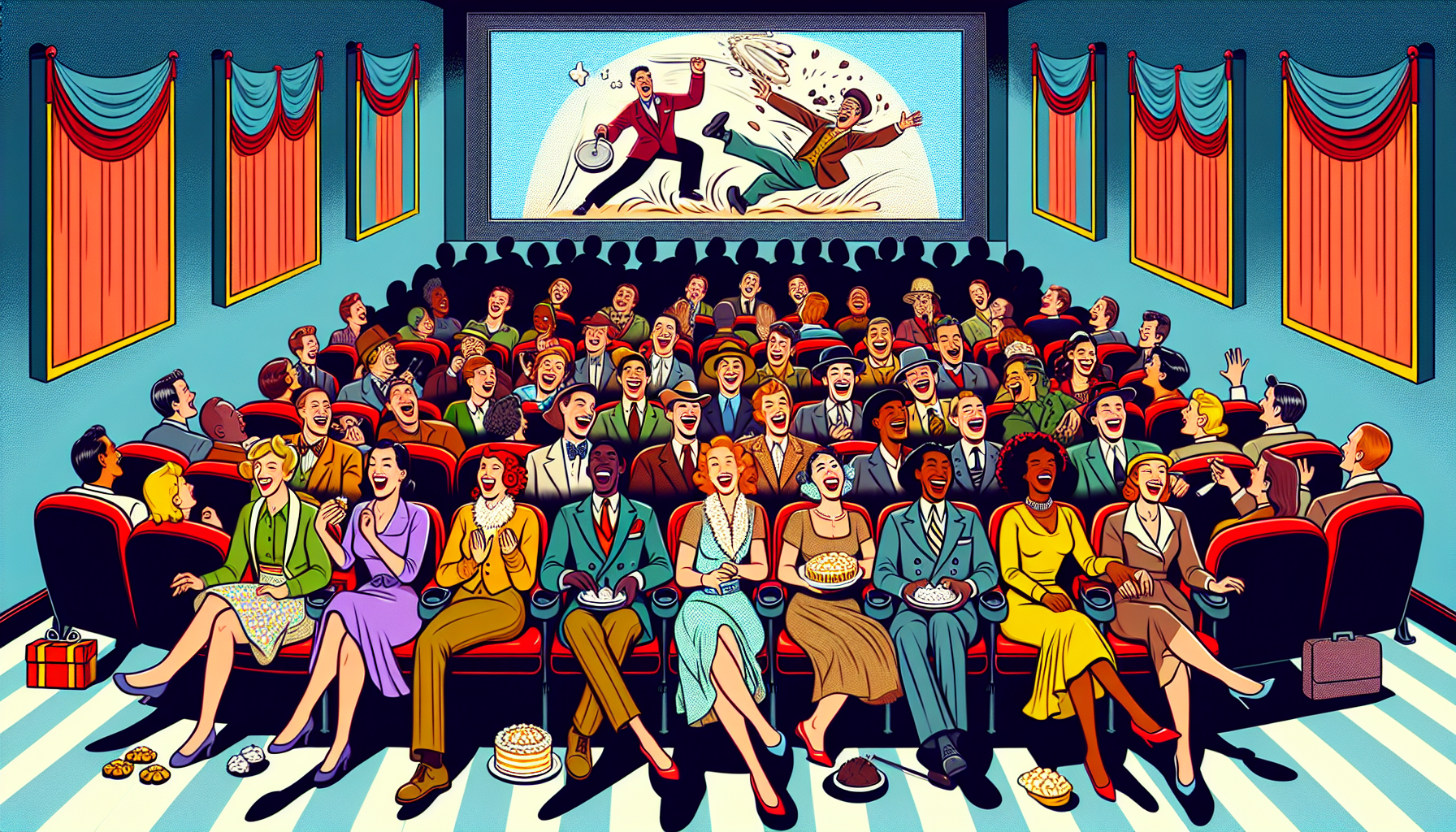 Vintage movie theater scene showing an audience of diverse people from different eras, ranging from the 1920s to modern-day, laughing heartily while watching a classic slapstick comedy film on the big