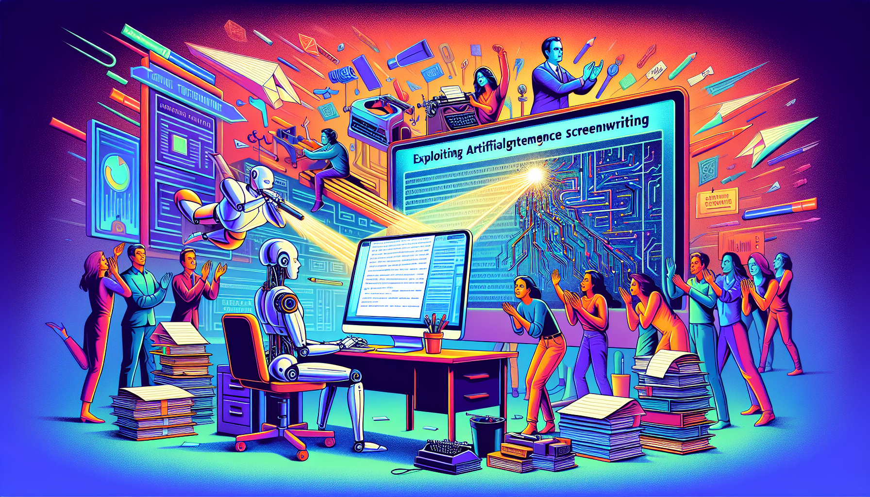 A vibrant illustration highlighting the concept of exploiting artificial intelligence for triumph in screenwriting. The image showcases a contemporary setting with an AI-powered robot diligently working on a screenplay at a desk with a computer monitor displaying dramatic structures and story arcs. Characters from diverse range of stories, implying the outcomes of the screenplays, are seen applauding the AI. Conventional screenwriting tools like typewriters and stacks of scripts subtly fade into the background highlighting the advent of AI. The color theme is vibrant and modern, incorporating bold colors and futuristic elements.