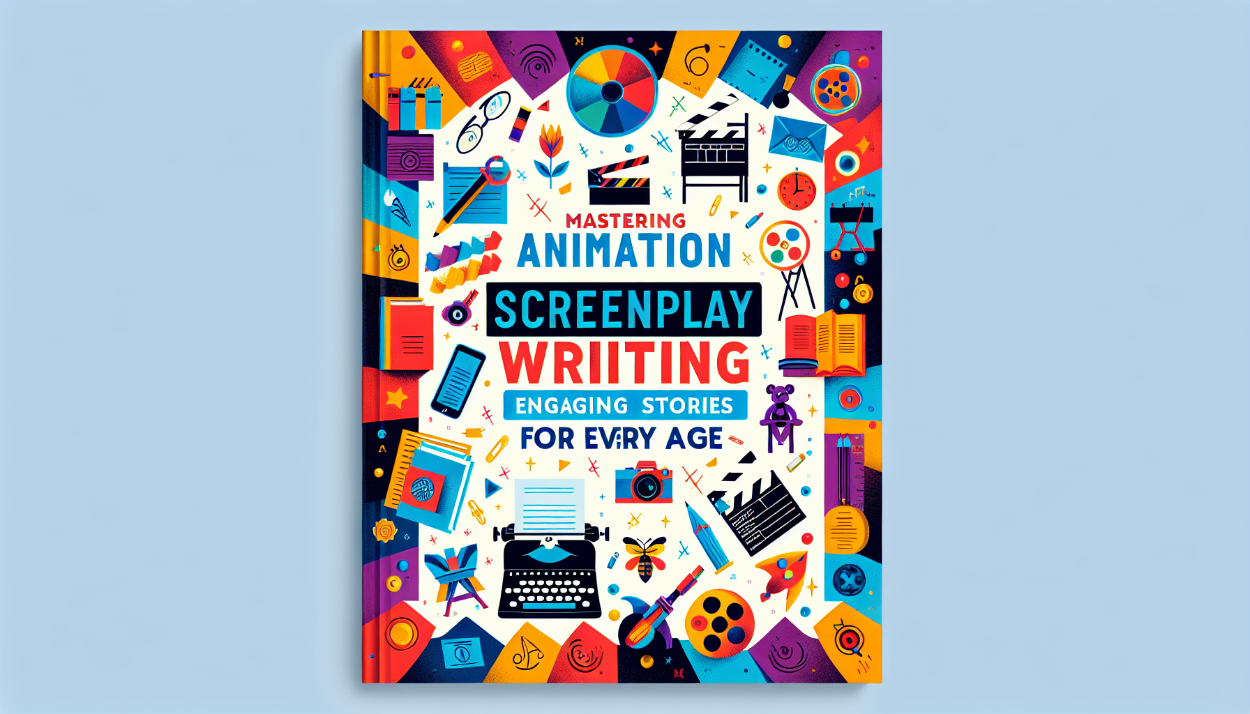 Create an image of a colorful, modern cover entitled 'Mastering Animation Screenplay Writing: Engaging Stories for Every Age'. The cover should exhibit symbols related to animation and screenplay writing, such as a typewriter, animation frames, a director's chair, and a film reel. Please make it vibrant and engaging, attracting the eye with a variety of colors. Remember, no words are to appear apart from the title itself.