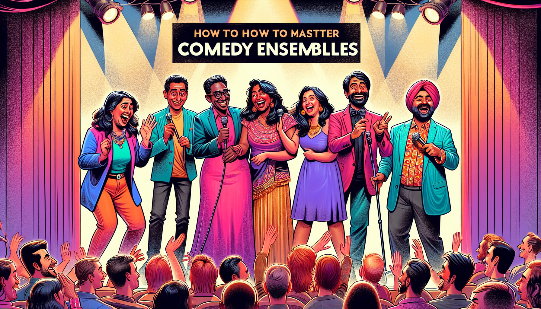 An illustration exemplifying how to master comedy ensembles and create vibrant character dynamics. The image features a diverse group of comedic performers on stage, with detailed expressions and body language that evoke humor and camaraderie. Include a South Asian woman, a Hispanic man, a Black woman, and a Middle Eastern man. The style should be modern, with bright colors, dynamic lines, and a lively stage setup with spotlights, microphones, and an enthusiastic audience. Please refrain from using text within the image.