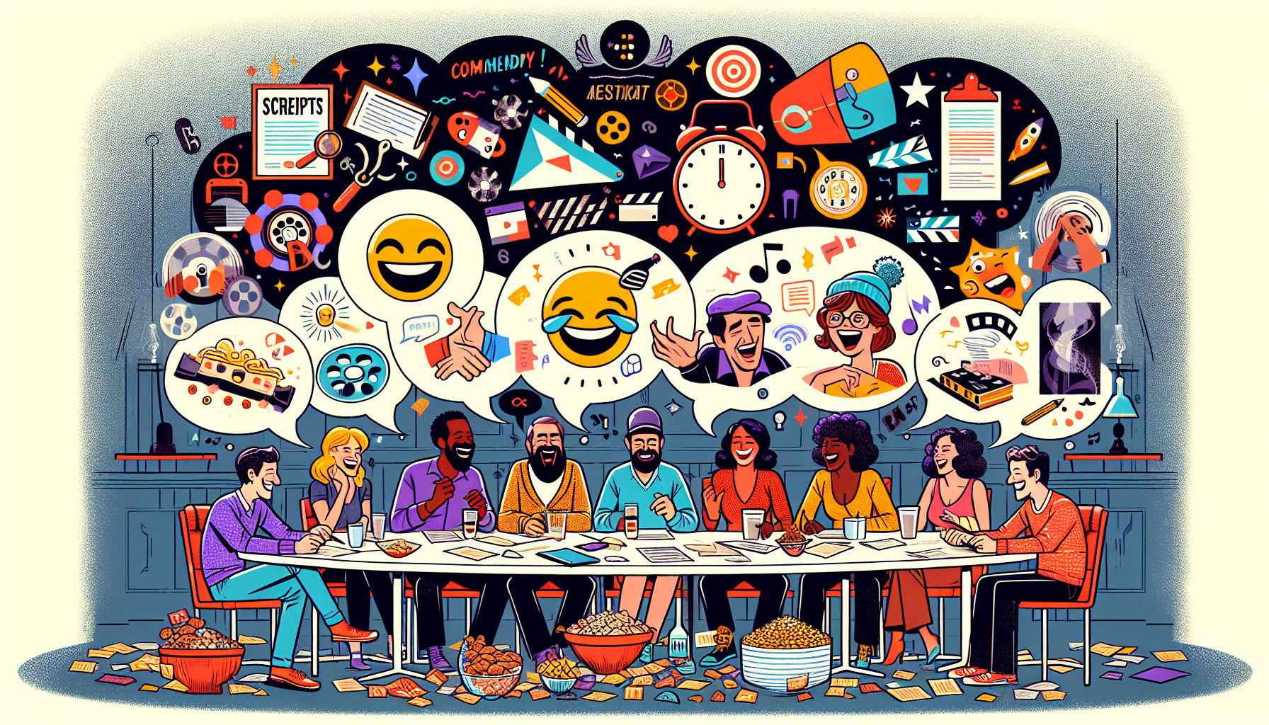 An animated image of a diverse group of screenwriters sitting at a round table, laughing and discussing scripts with colorful thought bubbles showing classic comedy timing symbols like ticking clocks,