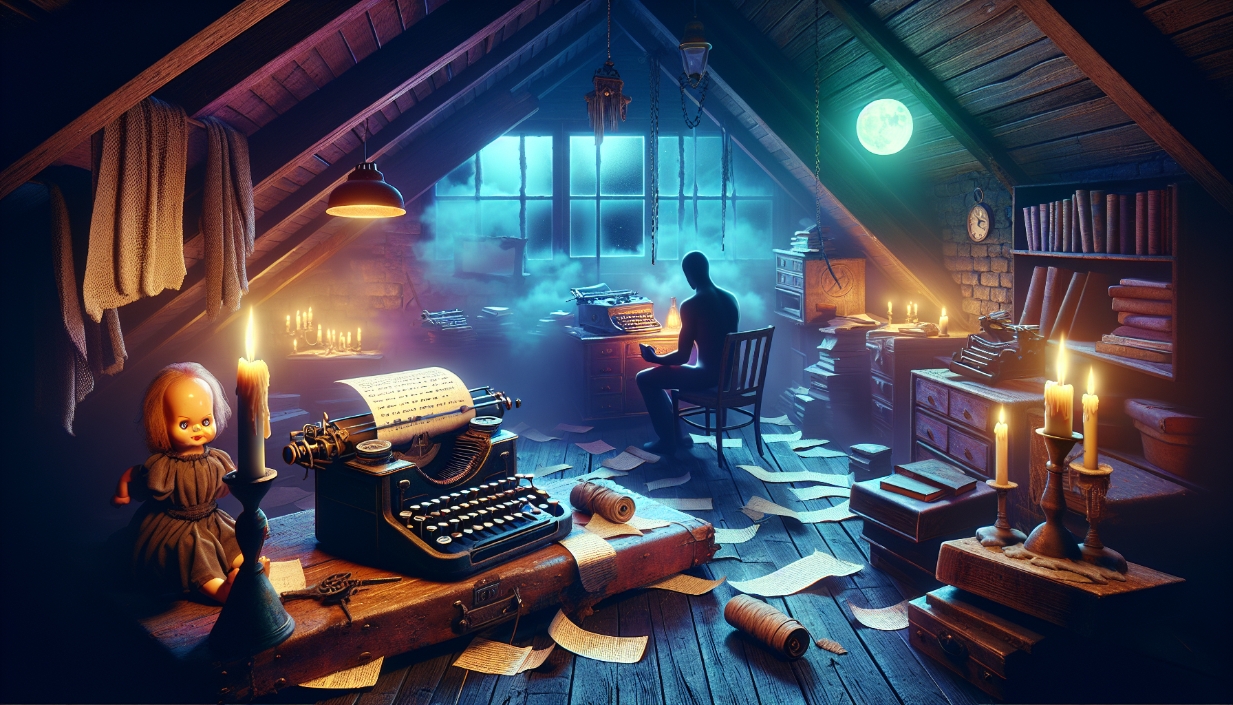 A dimly lit, eerie attic with an old typewriter on a wooden desk, scattered pages around, and a shadowy figure holding a script, surrounded by iconic horror elements like a creaky doll, flickering can
