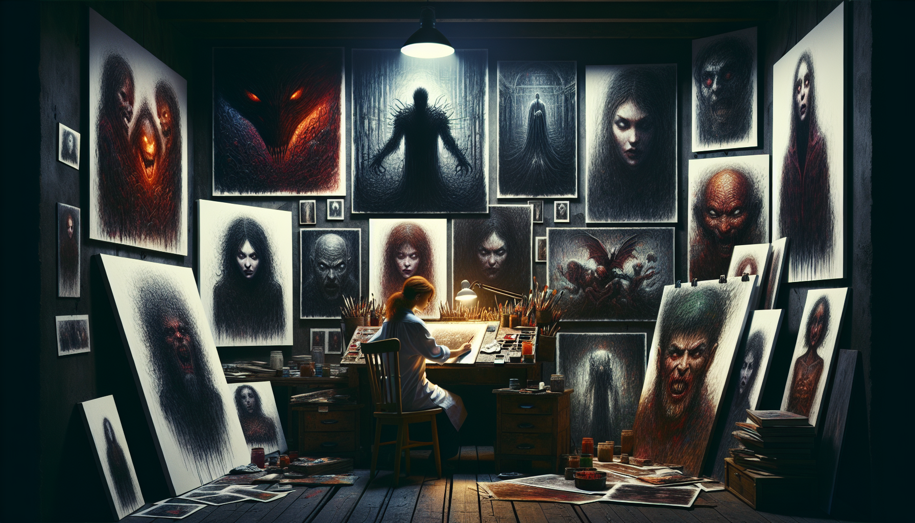 An artist's studio with dim lighting, where an author sits at a cluttered desk, brainstorming. On large canvases around the room, vivid and dark horror-themed illustrations are displayed, each showcas