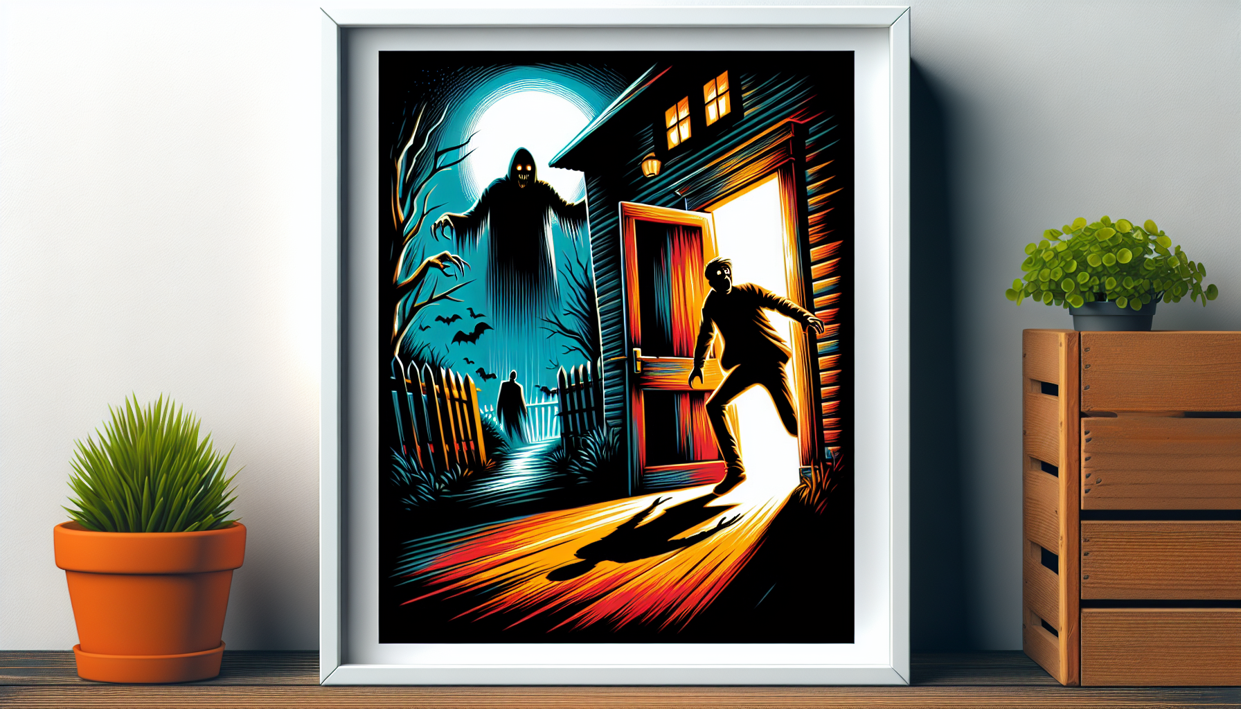 An eerie, dimly lit haunted house with a shadowy figure suddenly jumping out from behind a door, as viewed from the perspective of a frightened audience, capturing the intense moment of shock and fear