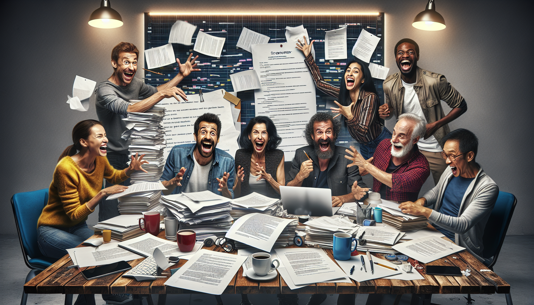 An image of a diverse group of screenwriters collaboratively working around a large, cluttered table filled with coffee cups, scripts, and laptops. They are animatedly discussing and laughing, with on