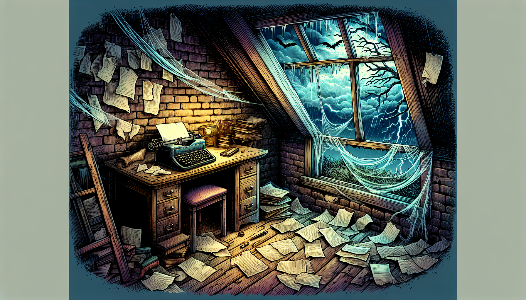 A dimly lit, eerie attic with an old typewriter on a wooden desk, scattered papers, cobwebs in the corners, and a half-open window with curtains fluttering in the wind, under a stormy sky.
