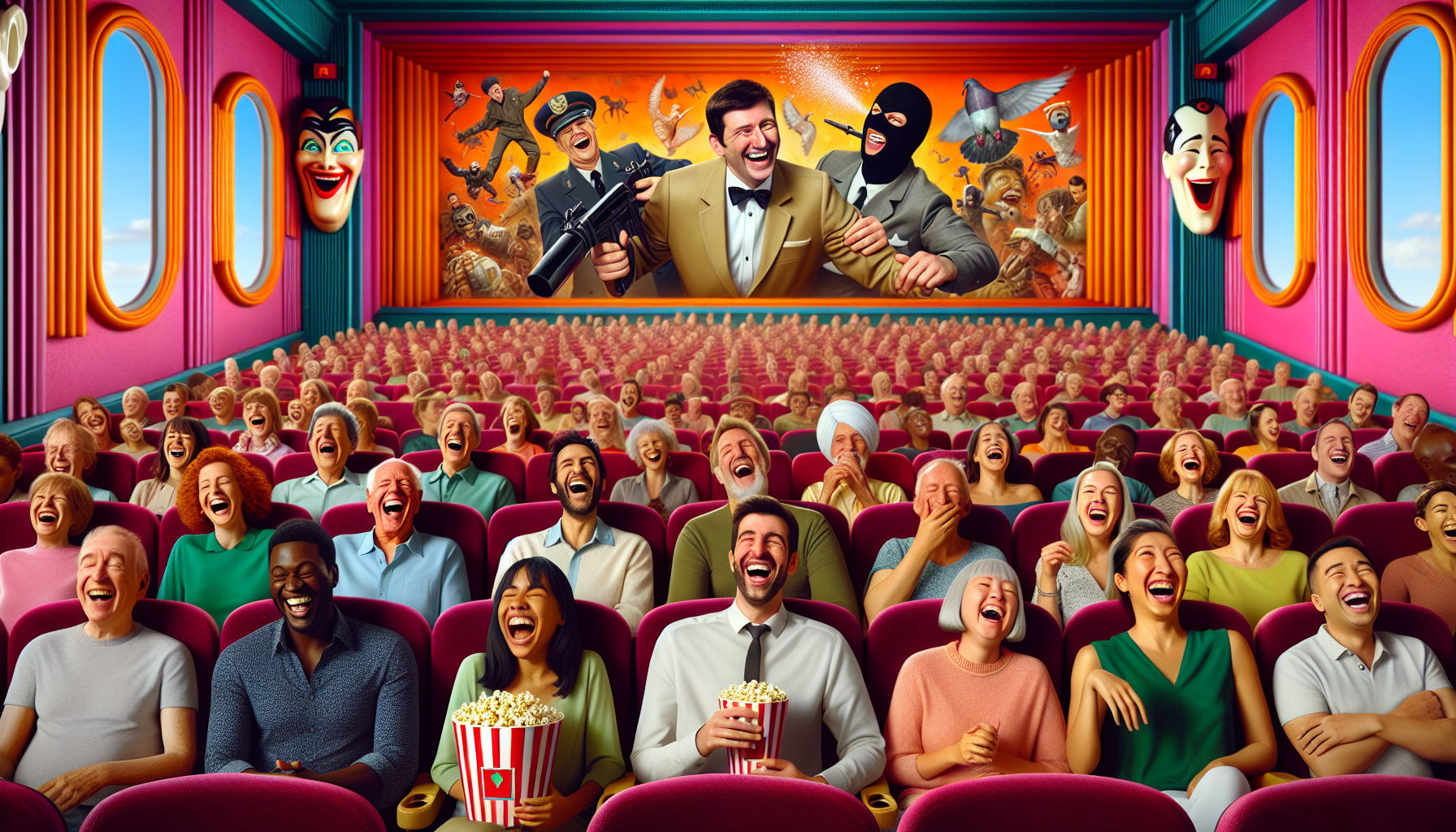 Create a whimsical cinema theater with a diverse audience laughing uproariously; the movie screen displays a scene from a cartoonish spy comedy where the clumsy protagonist unexpectedly saves the day.